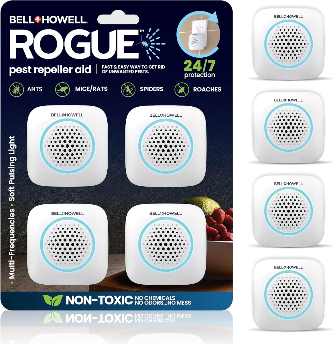 Bell+Howell Repelente ultrasónico de plagas para interiores, paquete de 4, repelente de ratones para interiores, control de plagas en casa, repelente de arañas, repelente de roedores, insectos y más, seguro para familias y mascotas