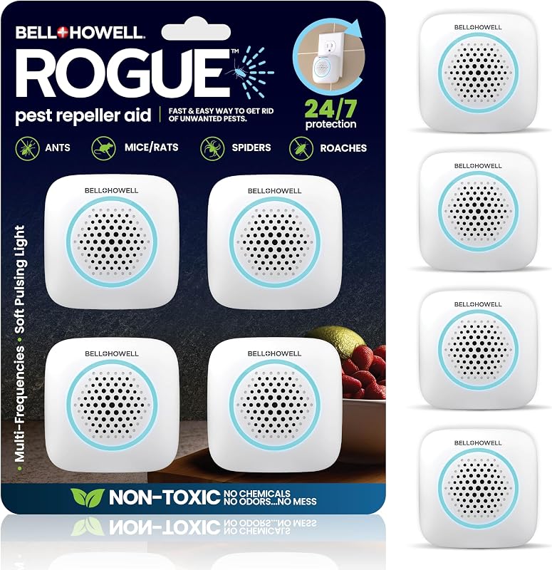 Bell+Howell Repelente ultrasónico de plagas para interiores, paquete de 4, repelente de ratones para interiores, control de plagas en casa, repelente de arañas, repelente de roedores, insectos y más, seguro para familias y mascotas