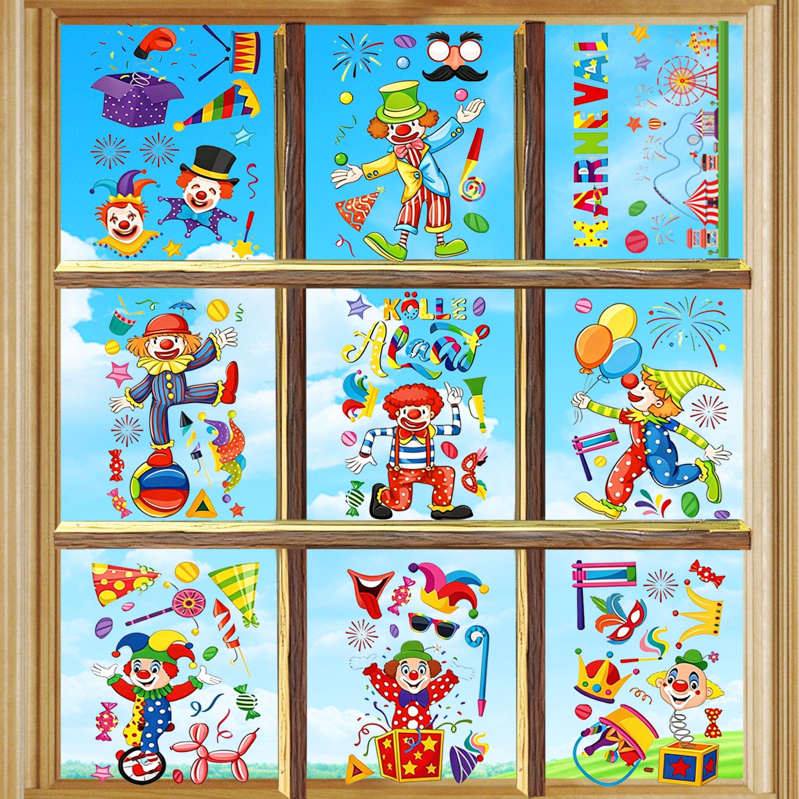 9 Stück Fensterbilder Karneval, Elektrostatische Adsorption Selbstklebend Fensteraufkleber Clown, Fenstersticker Deko Faschingsparty Fensterbilder Kinderzimmer Geburtstagsparty Window Sticker