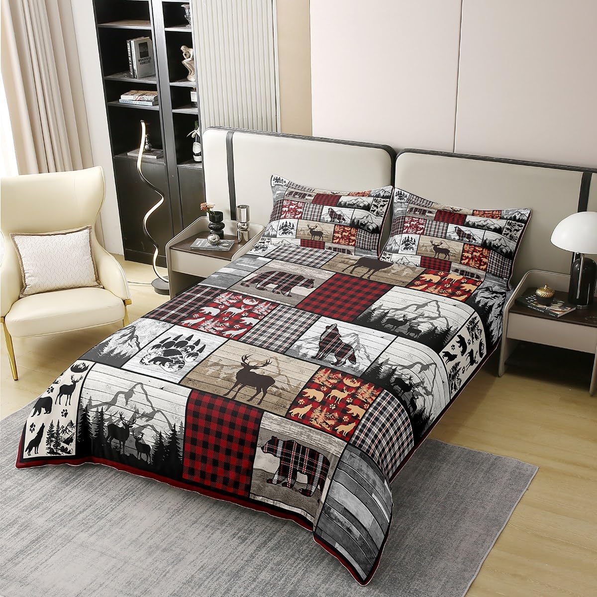 jejeloiu Bear Duvet Cover 100% Cotton Queen Size Rustic Bear Deer Print Bedding Cotton Duvet Cover Set Farmhouse Theme Buffalo Check Comforter Cover Set for Sofa Chair