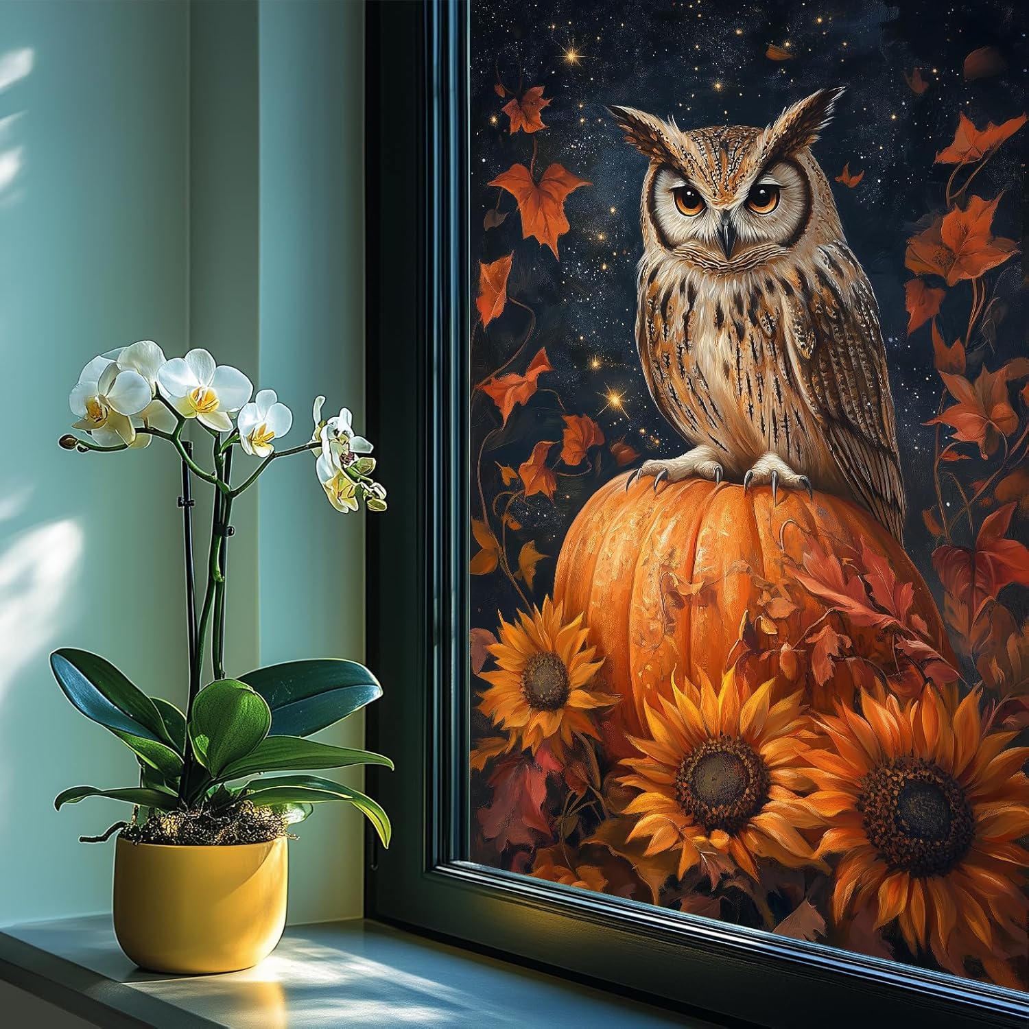 HOMETITUTE Fall Window Film 31x47 Inch Pumpkin Owl Windows Film Autumn Sunflower Starry Night Cling Fall Window Decoration for Glass Panel Thanksgiving Halloween Porch Classroom Office Decor