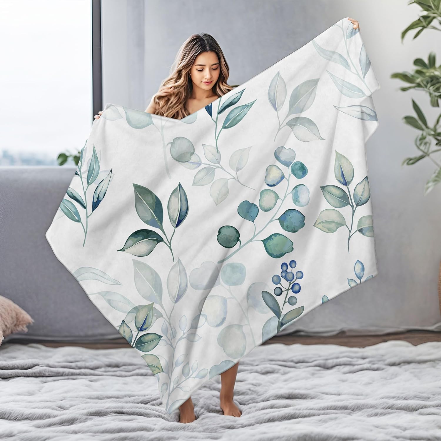 Sage Green Throw Blanket, Spring Throw Blanket for Couch Bed, Eucalyptus Leaves Floral Fleece Blanket, Camping Throw Blanket, Lightweight Soft Warm Cozy Blanket Plush Travel Throws ​Blankets,50"x60" - Image 3