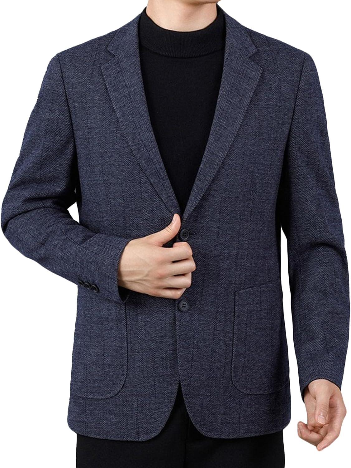 Men's Wrinkle-Free Woolen Blazer Casual Herringbone Business Jacket Two Button Sport Coat with Pocket