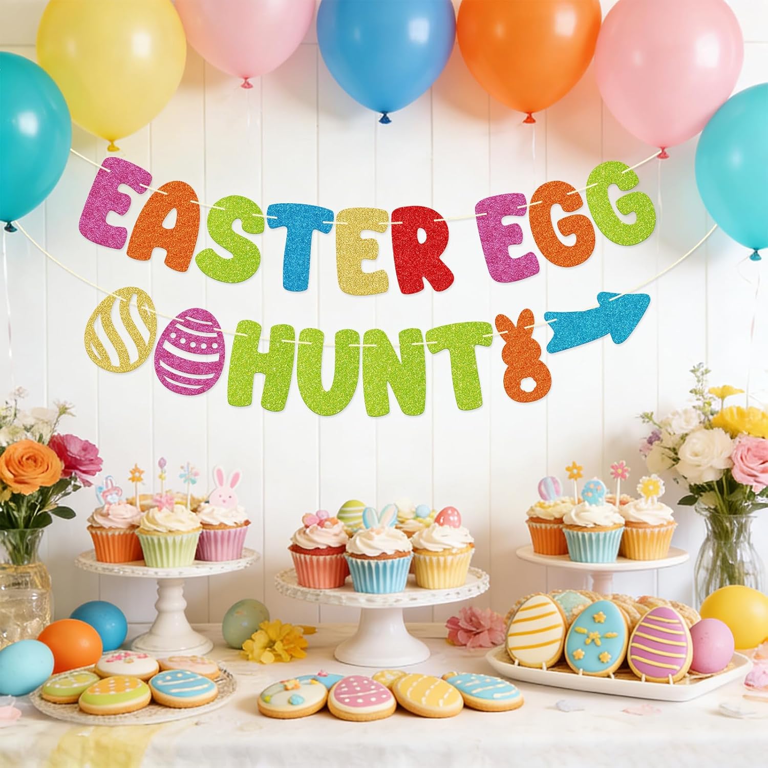 FOZEE Easter Egg Hunt Banner - Easter Party Decorations - Bunny and Egg Decorations for Spring Birthday, Baby Shower, Home Fireplace Decor (Adjustable Path)