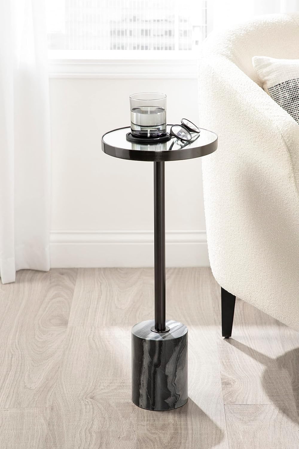 Kate and Laurel Hescott Modern Mirrored Drink Table, 10 x 10 x 24, Gray Marble and Gunmetal, Contemporary Round Accent Table with Premium Marble Base and Mirror Tabletop