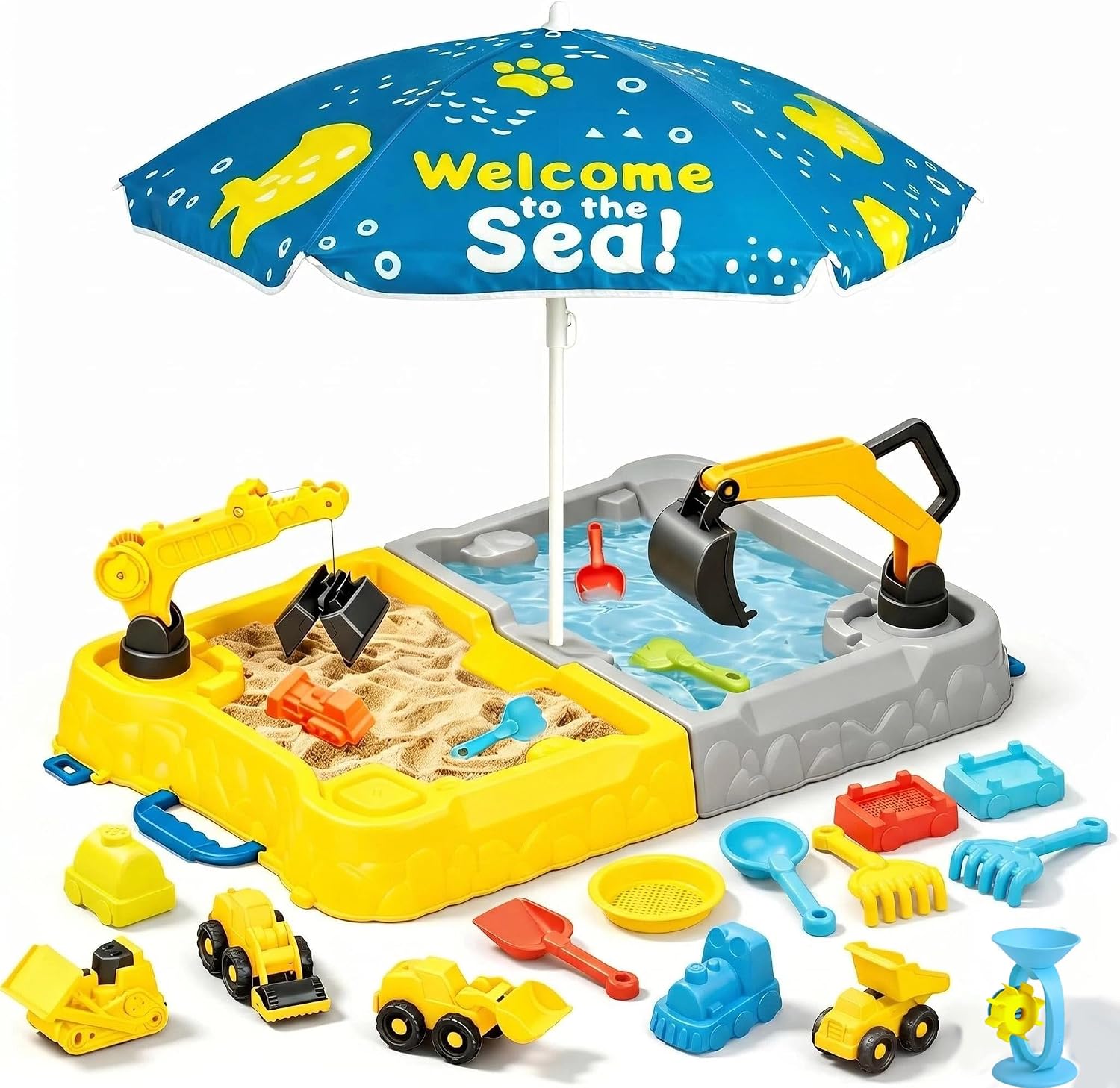 Kids Sandbox with Umbrella & Excavator – Large Construction Play Set Includes 4 Engineering Vehicles + Train Mold, Outdoor Sensory Sand Pit Gift for 4-8 Year Old Boys Girls