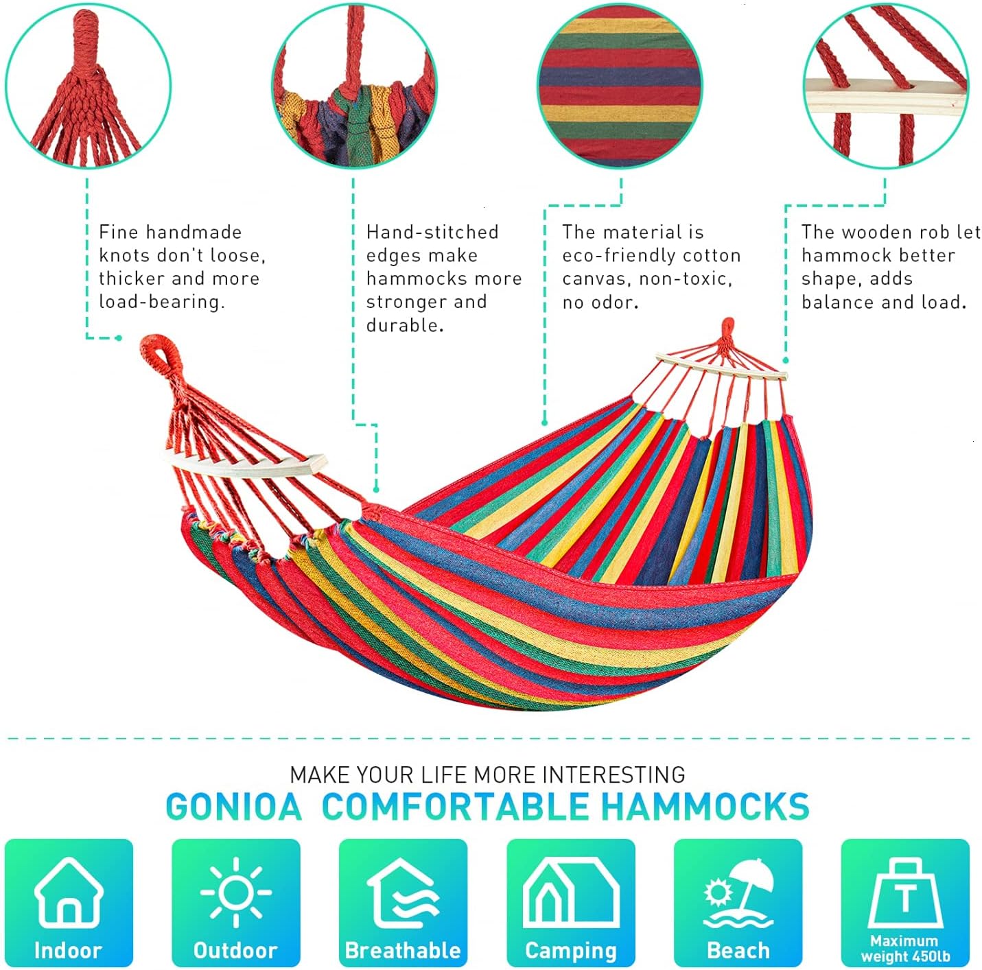 Gonioa Brazilian Camping Hammock Extra Large Canvas Hanging Hammock Hold 450lbs, Two Person Relaxing Bed Outdoor&Indoor, Perfect for Camping,Travel,Beach, Patio,Room (Red & Yellow Stripes)