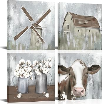 OuElegent 4 Piece Farmhouse Canvas Wall Art Rustic Cow Dutch Windmill Cotton Flower Picture Artwork Modern Countryside Printed Painting for Living Room Kitchen Decor Framed Ready to Hang 12x12 Inch