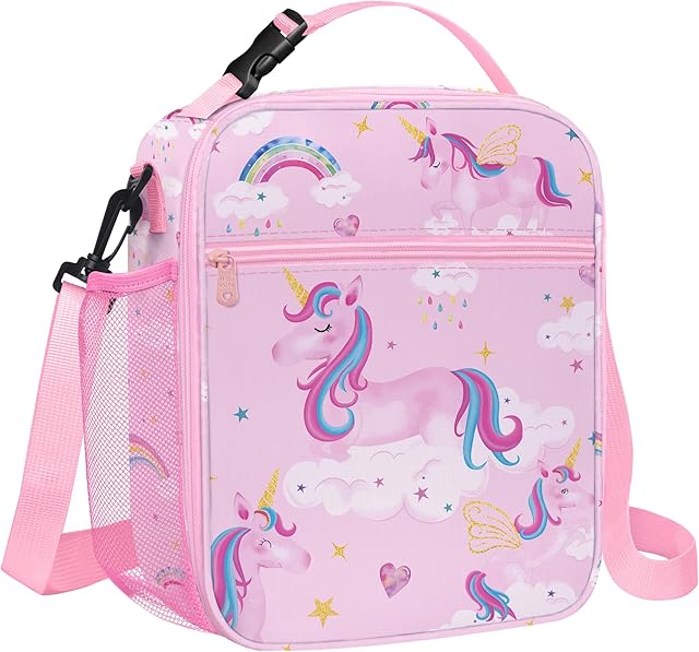 Clastyle Kids Insulated Lunch Bag for Girls | Large Portable Lunch Cooler Bag for Outdoor Picnic, Back to School, Leakproof Lunch Box with Bottle Holder, Straps | Pink Unicorn