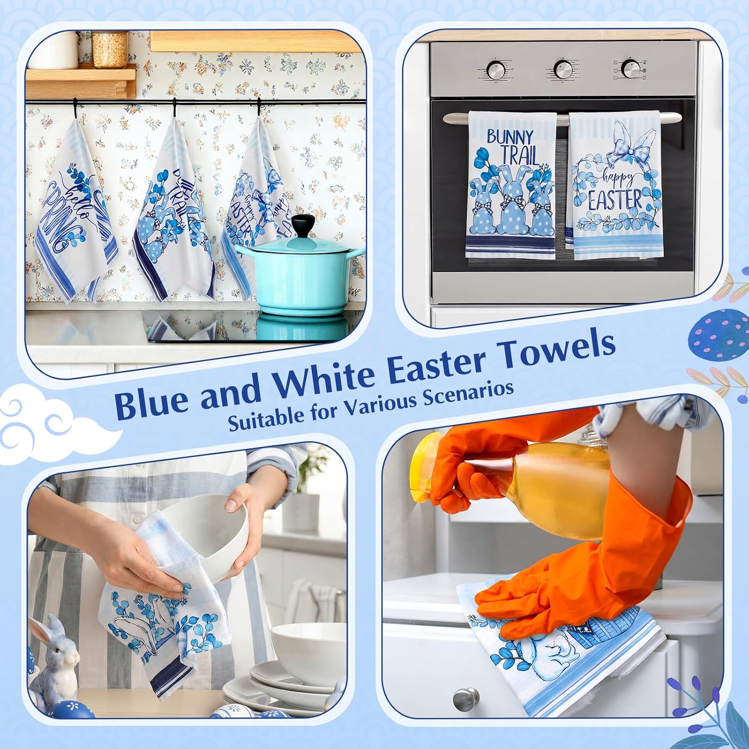 Mindsoft Set of 6 Easter Decorative Kitchen Towels Blue Bunny Floral Designs with Blue Plaid Spring Dish Hand Towels Bathroom for Home Decor Seasonal Celebration Gift