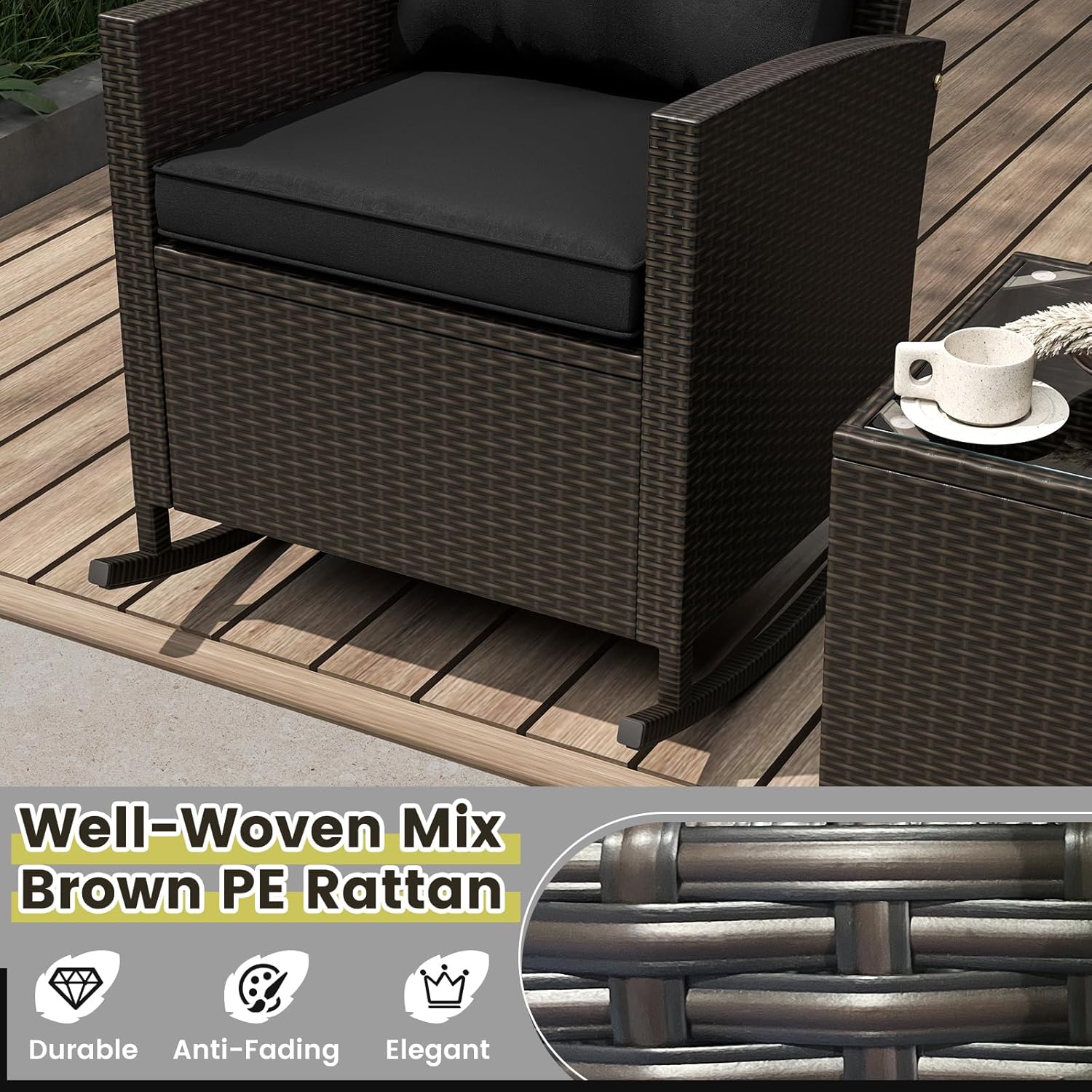 Nightcore 3 Piece Wicker Rocking Set, Patio Rattan Rocking Bistro Set with Tempered Glass Table with Bottom Stopper Design, Outdoor Furniture Set with Soft Cushions or Backyard, Poolside Porch (Black)