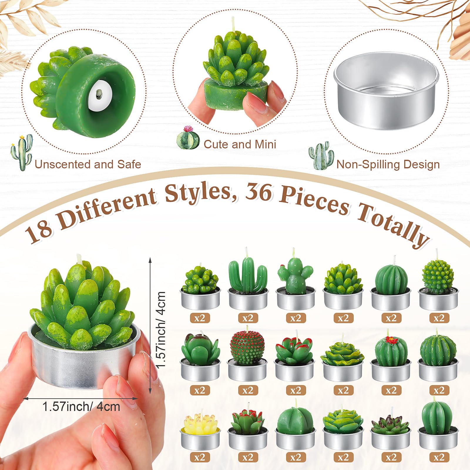 MTLEE Set di 36 candele a forma di cactus succulente, bomboniere per baby shower, per gli ospiti, include 36 candele tealight per piante, 36 etichette di ringraziamento, 36 sacchetti di organza,
