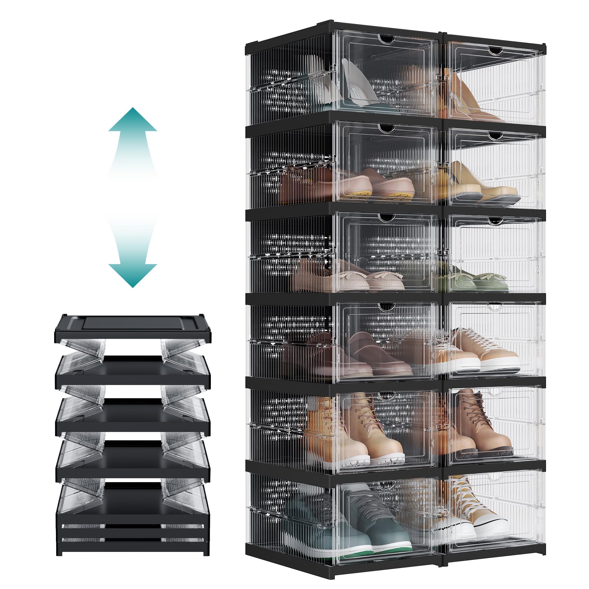SONGMICS Foldable Shoe Boxes, Pack of 12 Stackable Shoe Storage Organizer, Set of 2 Integraed Shoe Cabinets, Portable, Fit up to US size 13, 60s Assembly, Transparent and Ink Black ULSP206B01