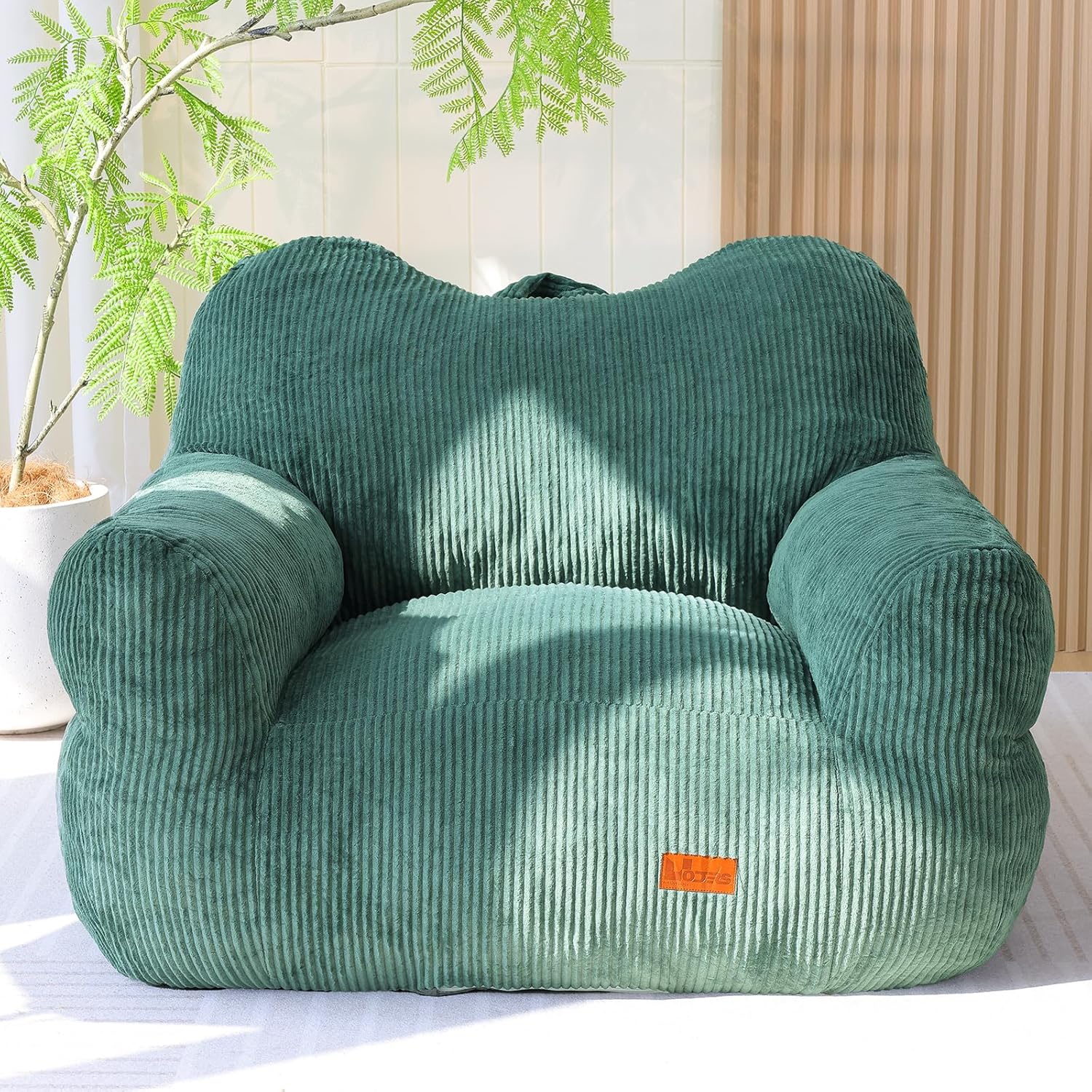 Giant Bean Bag Chair for Adults, Cozy Beanbag Chair with Armrests for Bedroom Living Room, Large Boneless Chair Floor Bean Bags with Handle Non-Slip Base -Dark Green