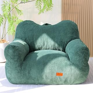 Oversized Bean Bag Chair for Adults with Armrests, Big Fluffy Sofa Chair for Living Room & Bedroom, Comfy Reading Floor Couch with Handle, Non-Slip Base for Relaxing or Lounging (Dark Green-XL)