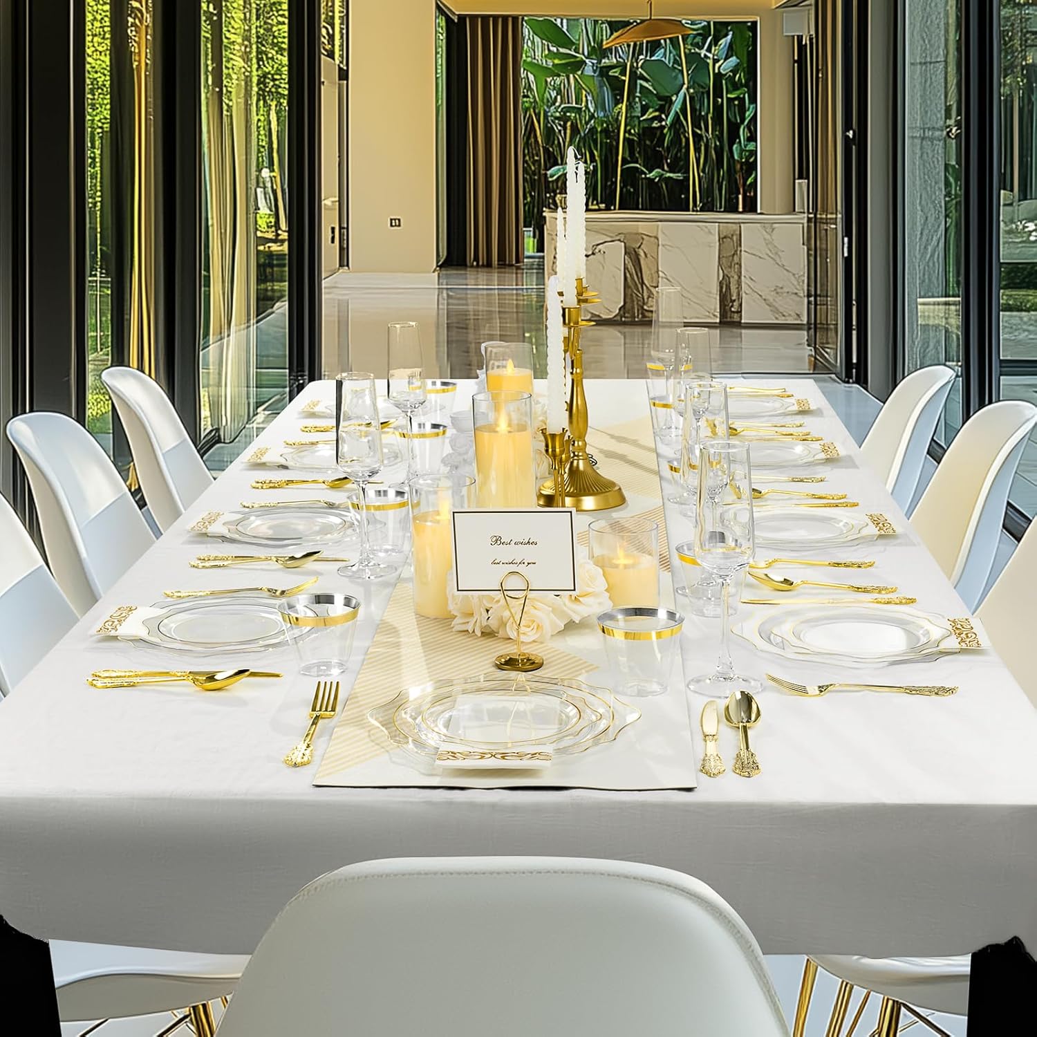 350 PCS Clear and Gold Plastic Plates, Gold Disposable Plates for 50 Guests, Includes 100 Disposable Plates, 50 Cups, 150 Silverwares, and 50 Napkins for Party, Graduation and Wedding