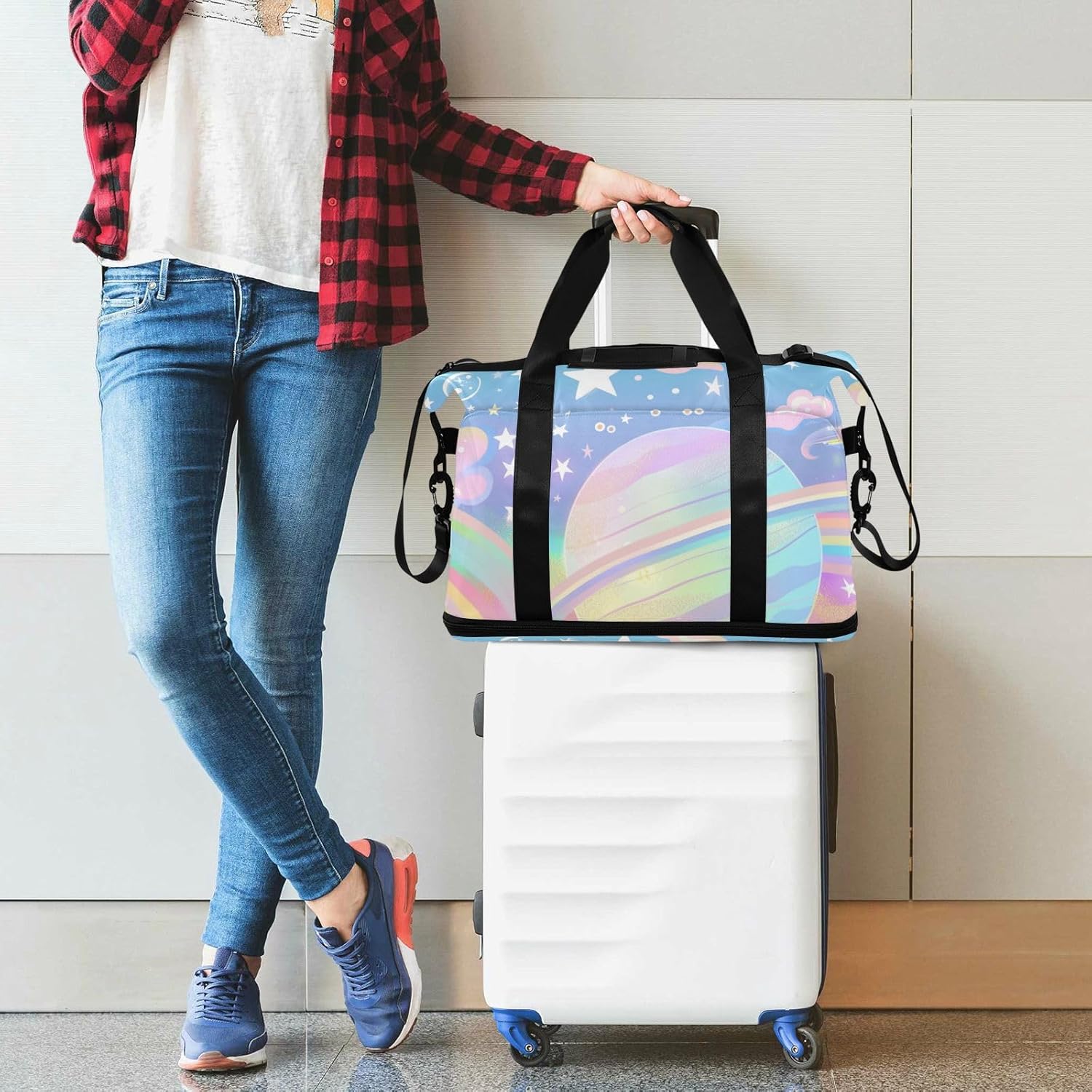 Pastel Sky Rainbow Stripes Gym Tote Bag Sport Training Bag with Toiletry Bag for Trekking Large Capacity