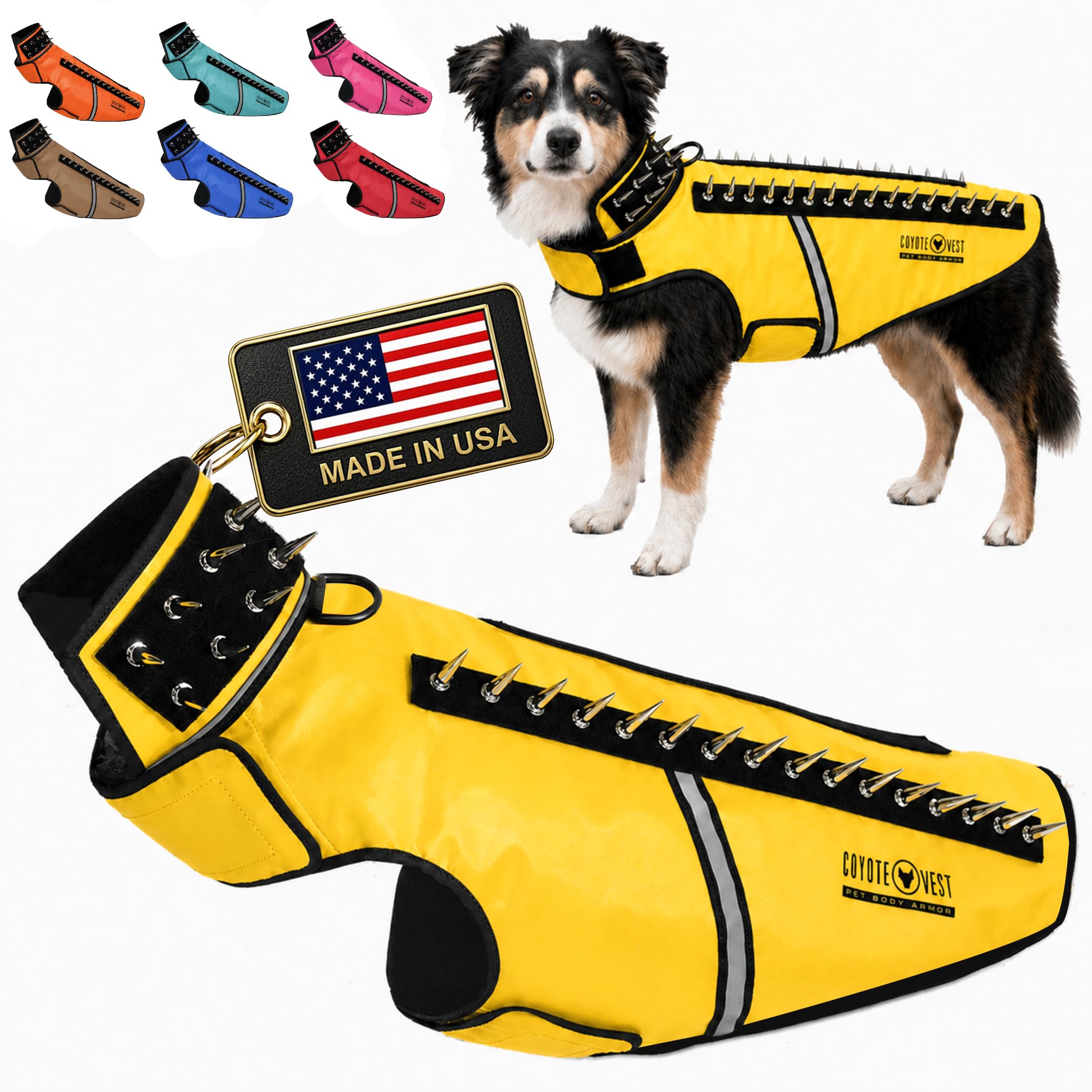 CoyoteVest SpikeVest Dog Harness Vest for Small Dogs, Reflective Dog Vest with Spikes to Shield Your pet from Coyotes, Raptor and Animal Attacks, Anti Hawk Vest, Made in USA (L-Yellow)