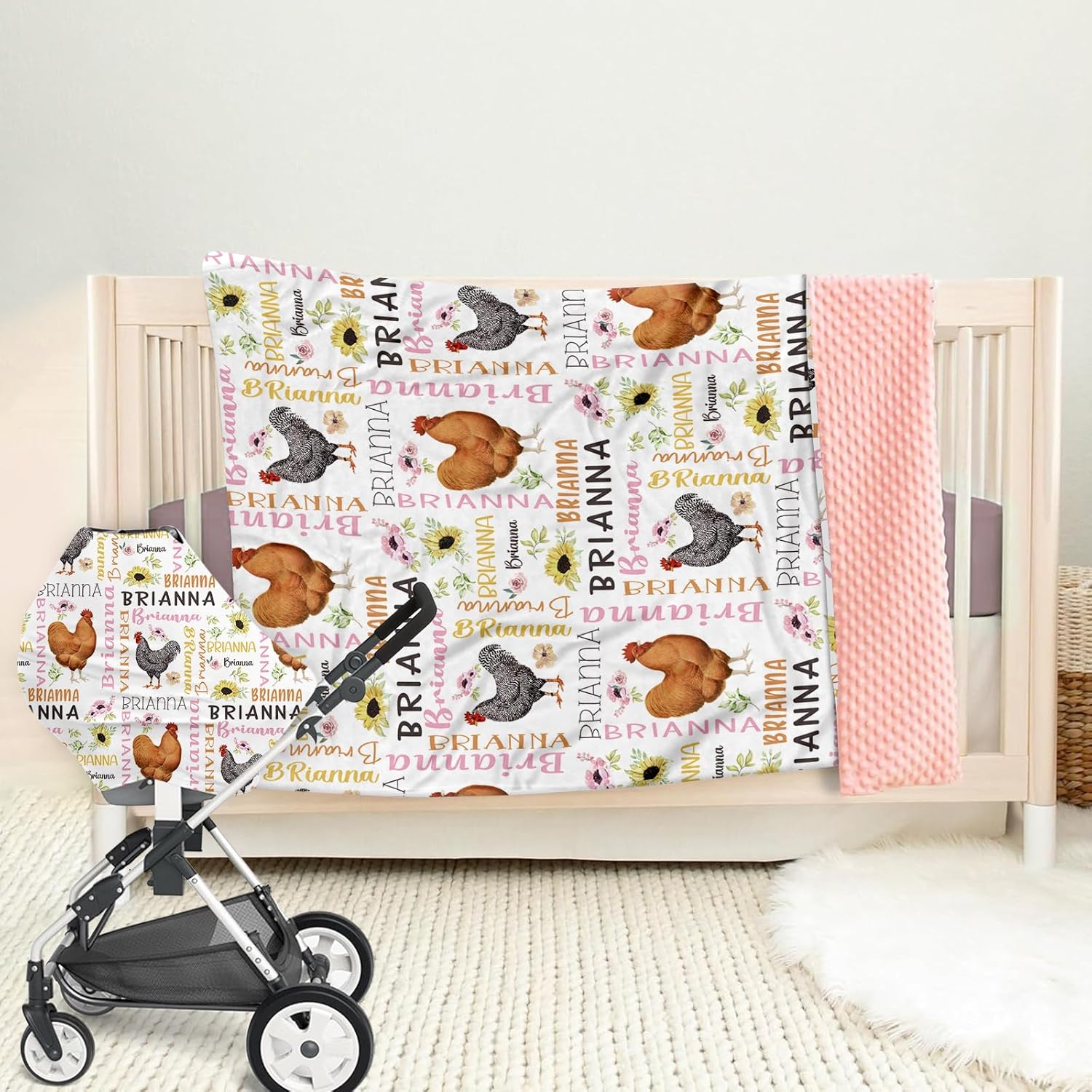Personalized Baby Name Blanket, Soft Flannel Baby Blankets for Boys Girls with Chickens Pattern, Customized Gifts for Baby Birthday, Newborn Blanket with Double Layer Dotted Backing