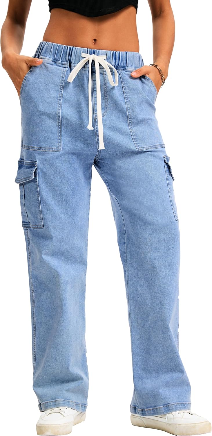 HVEPUO Womens High Waisted Cargo Pants Y2K Baggy Straight Leg Stretchy Jeans for Women Streetwear Trousers Pants 6 Pockets - Image 4