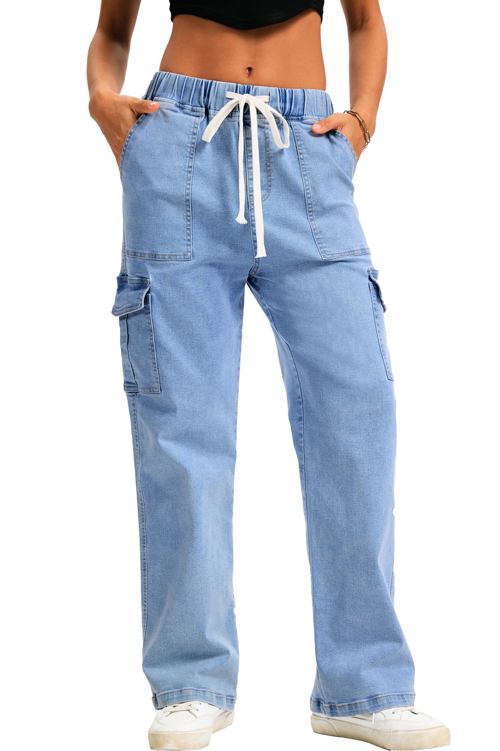 HVEPUO Womens High Waisted Cargo Pants Y2K Baggy Straight Leg Stretchy Jeans for Women Streetwear Trousers Pants 6 Pockets