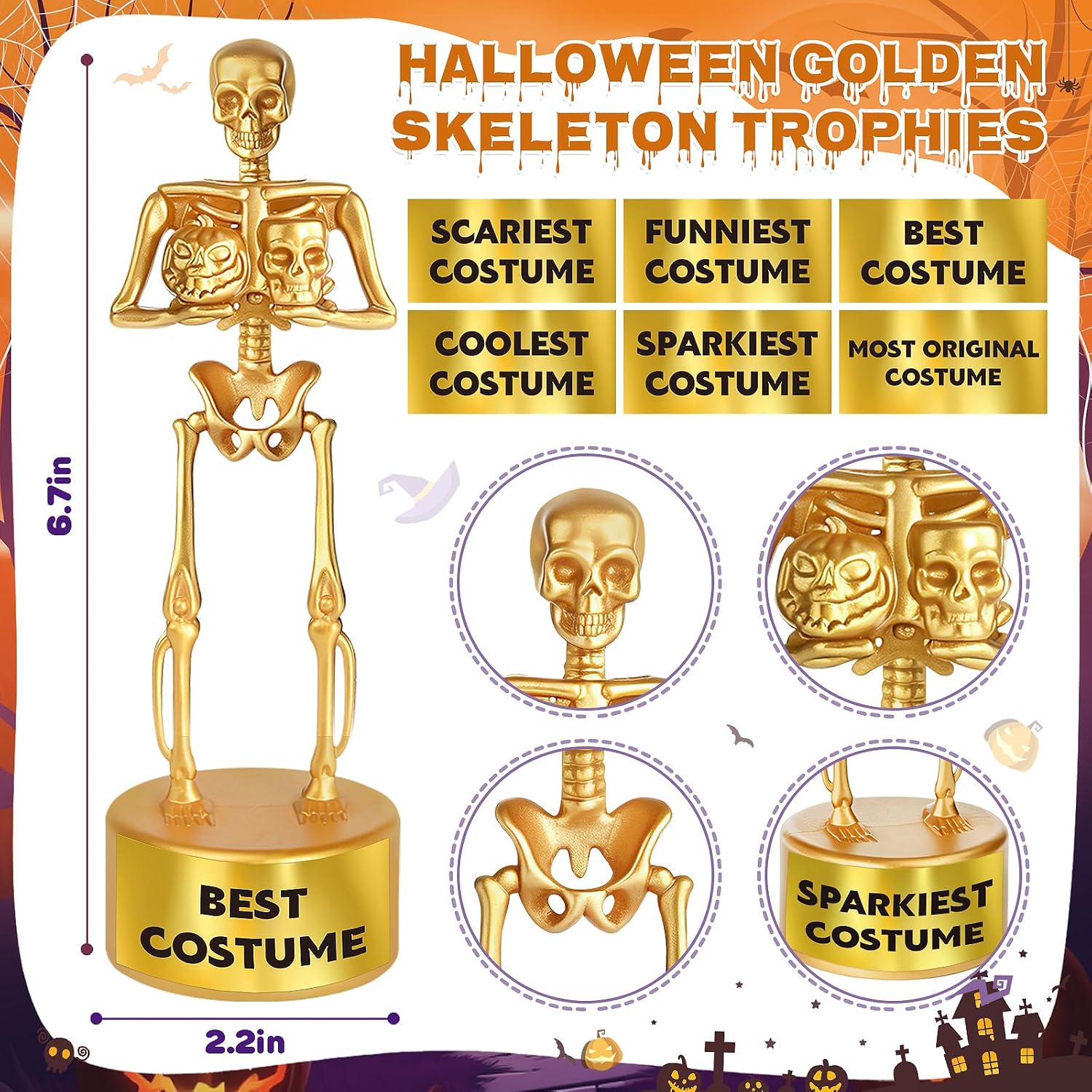 6 Pack Halloween Skeleton Trophies, Gold Halloween Costume Contest Awards