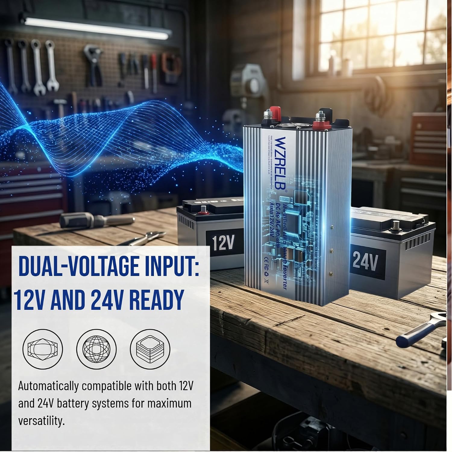 Dual Input Voltage 12V/24V Power Inverter 1800W, 90% High Efficiency Modified Sine Wave DC to 120V AC Inverter with LED Display, 4 AC Outlets for Truck RV Camping Home Emergency Backup Off-Grid