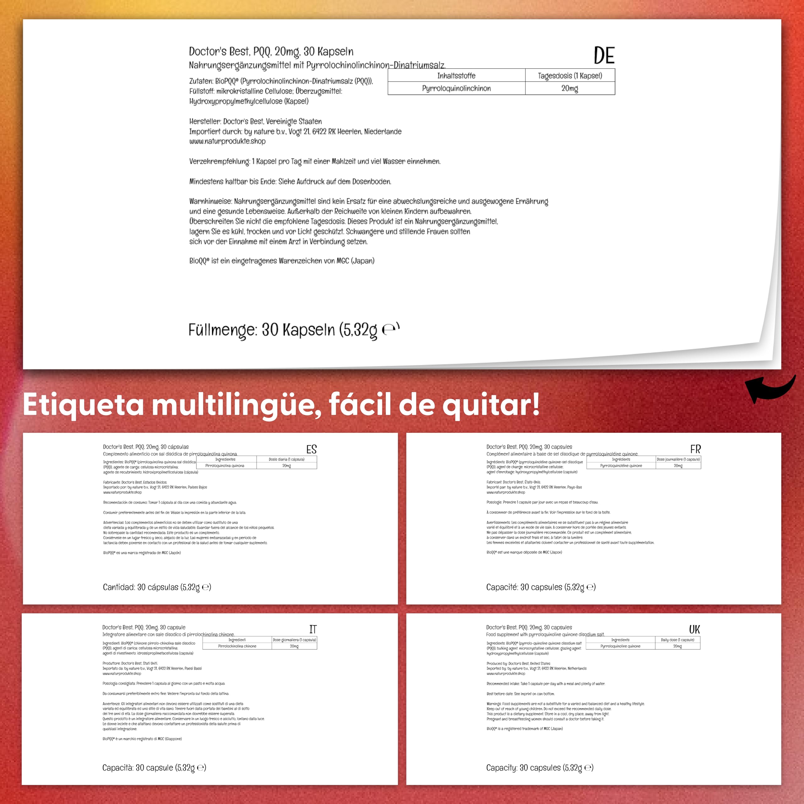 Doctor's Best, PQQ (Pyrroloquinoline Quinone), con BioPQQ, 20mg, 30 Cápsulas veganas, Altamente Dosificadas, Probadas en Laboratorio, Sin Soja, Sin Gluten, No GMO