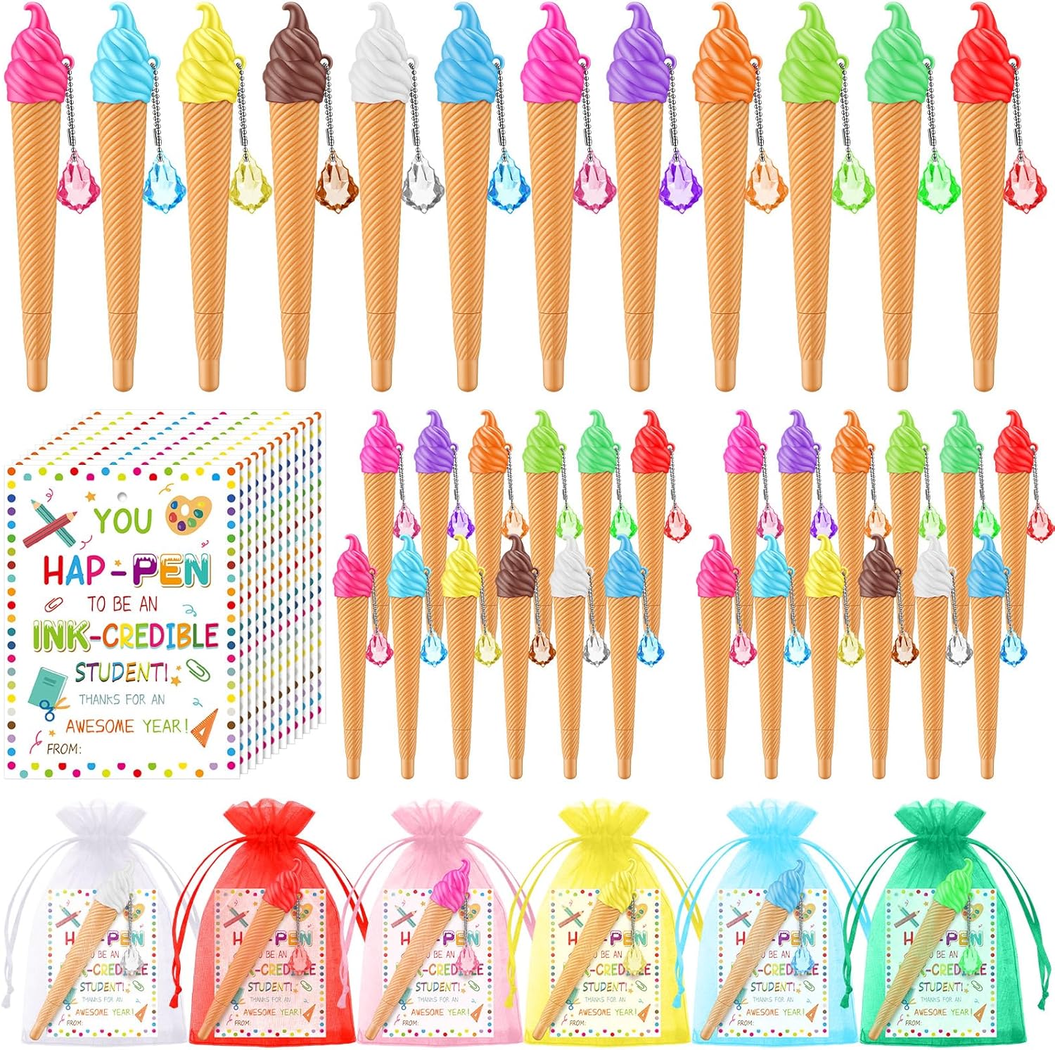 Marspark 36 Sets End of Year Gifts Includes 36 Ice Cream Pens Black Ink, 36 Gift Cards and 36 Mesh Bags for End of Term Summer Birthday Graduation Ice Cream Party Favors for Reward Teacher Supply