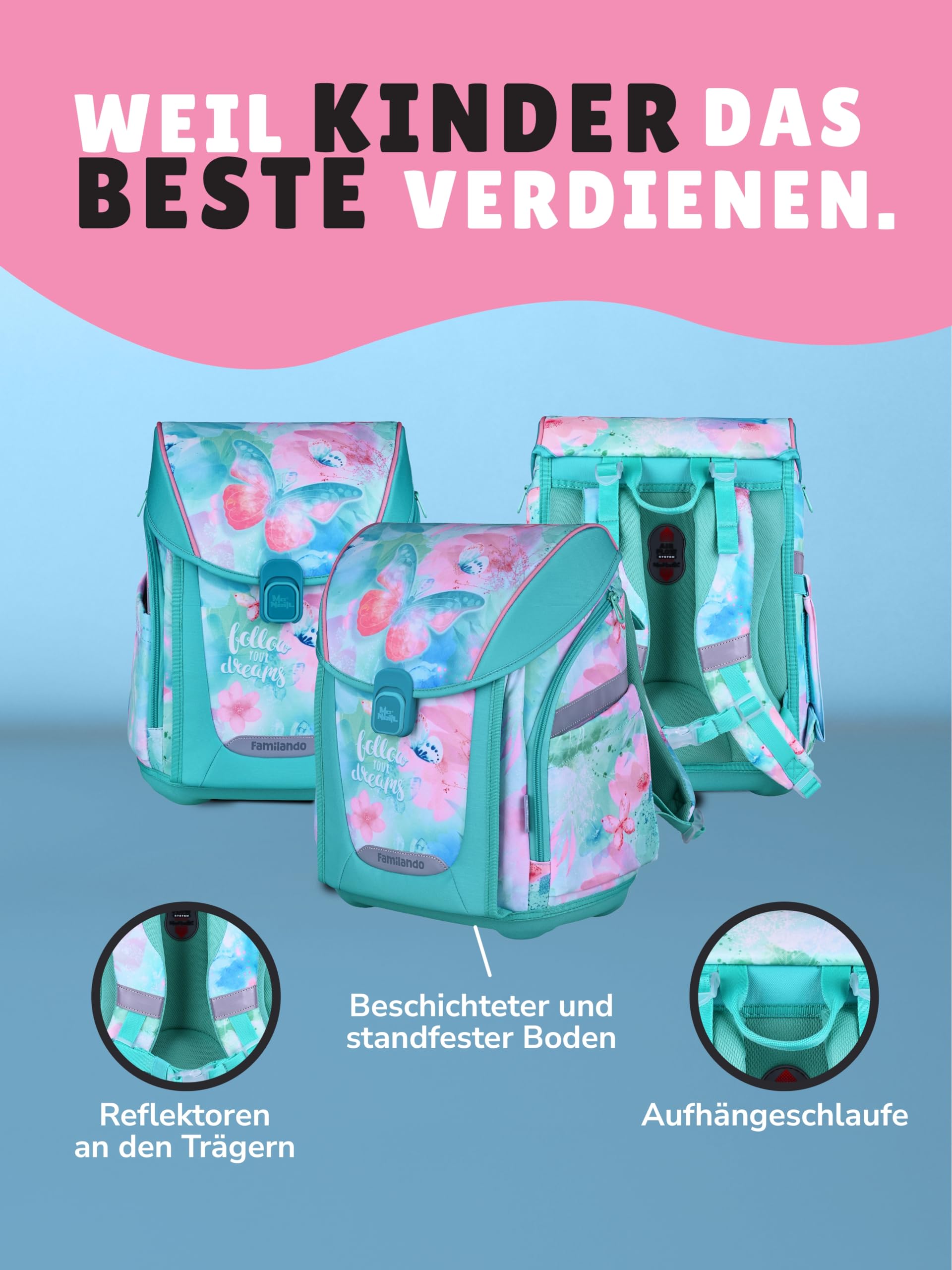 Familando - Premium Schulranzen Set - 10-teilig mit Schultüte - Butterfly (Schmetterlinge) - Ergonomisch, stabil & mit gepolstertem Rücken - 1000g - 20L Volumen - Mit Reflektoren - ab 1. Klasse