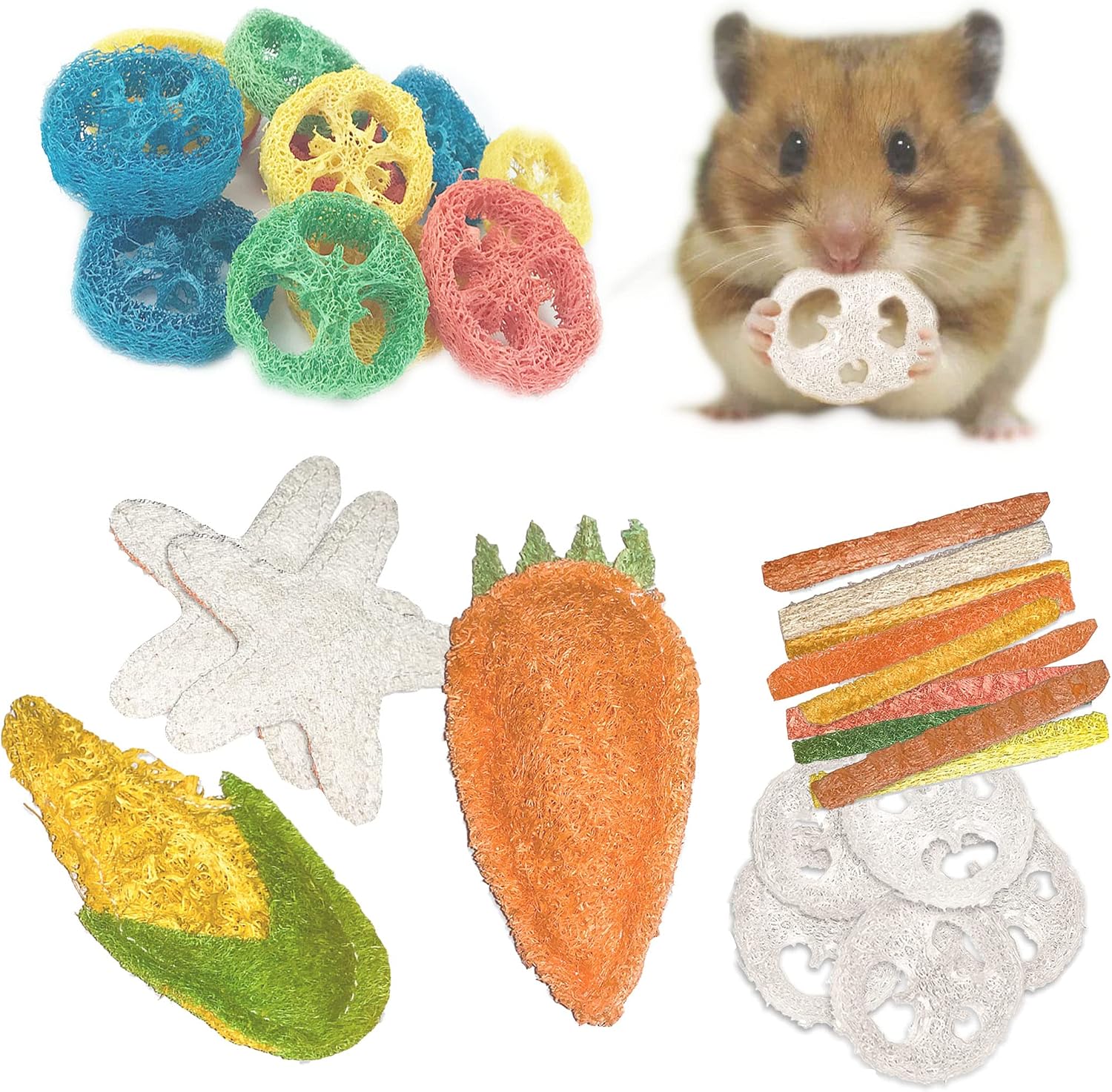 Jiorola 19PCS Chew Toy for Pet Teeth Natural Loofah with 5 Shapes, Corn Carrot Starfish Pet Toys for Rabbits, Hamsters, Guinea Pigs,…
