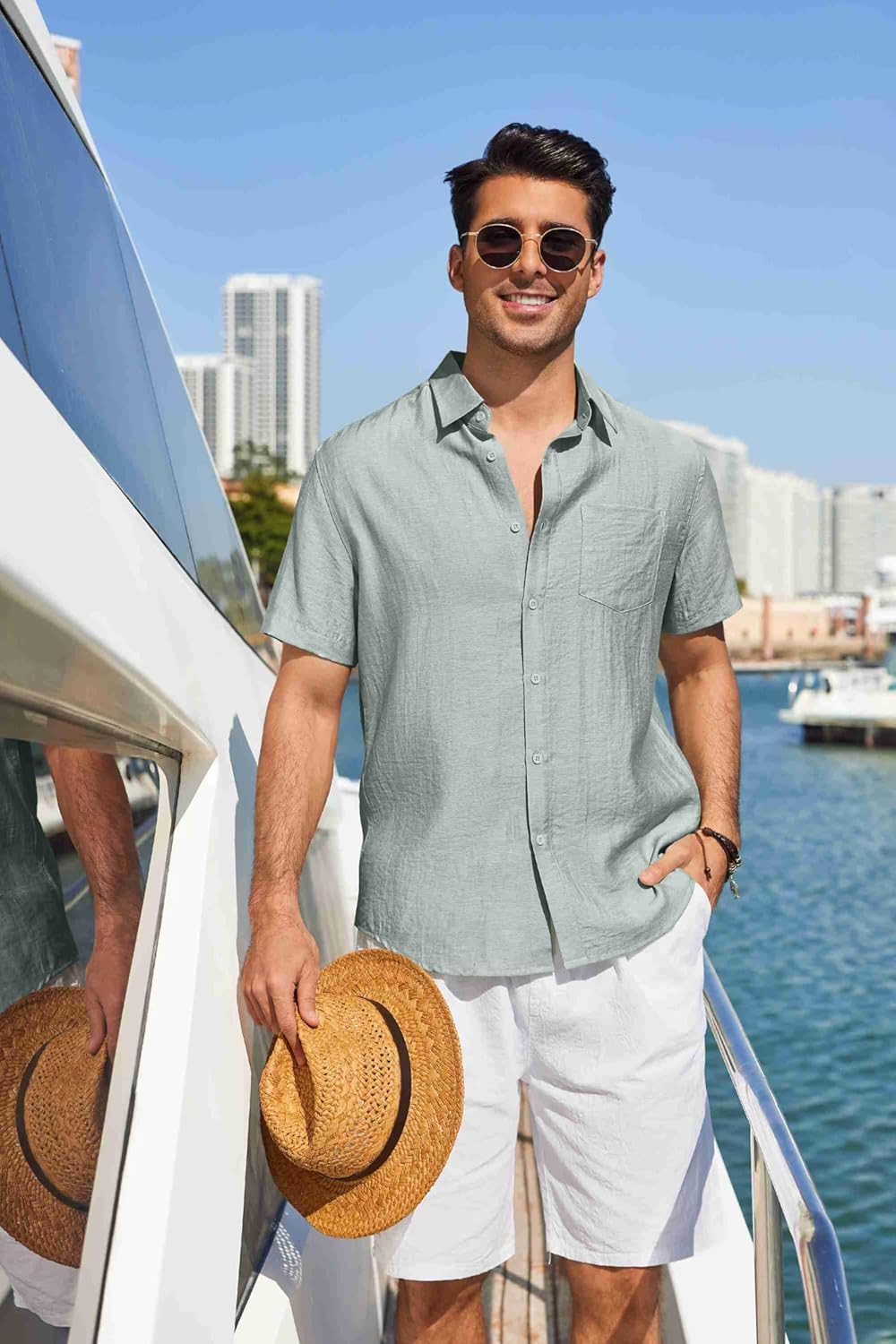 COOFANDY Linen Shirts for Men Short Sleeve Button Down Shirt Casual Beach Summer Vacation Shirt with Pocket - Image 3