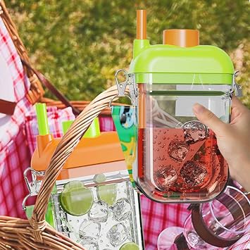 2 in 1 Ice Cube Bottle Reusable Portable Ice Maker Bottle Easy Release Ice Bottle Cup with Zero Touch Press Ice Cube Mold Straw & Lid for Office Picnics & Travel (A)