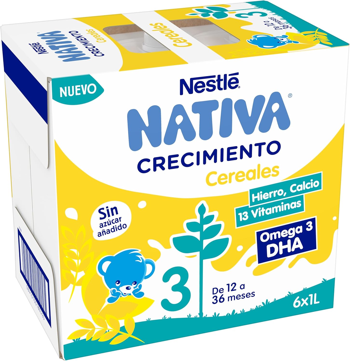 NESTLÉ NATIVA Leche de crecimiento líquida con Cereales sin azúcar añadido para bebés a partir de 1 año. 6 bricks de 1L