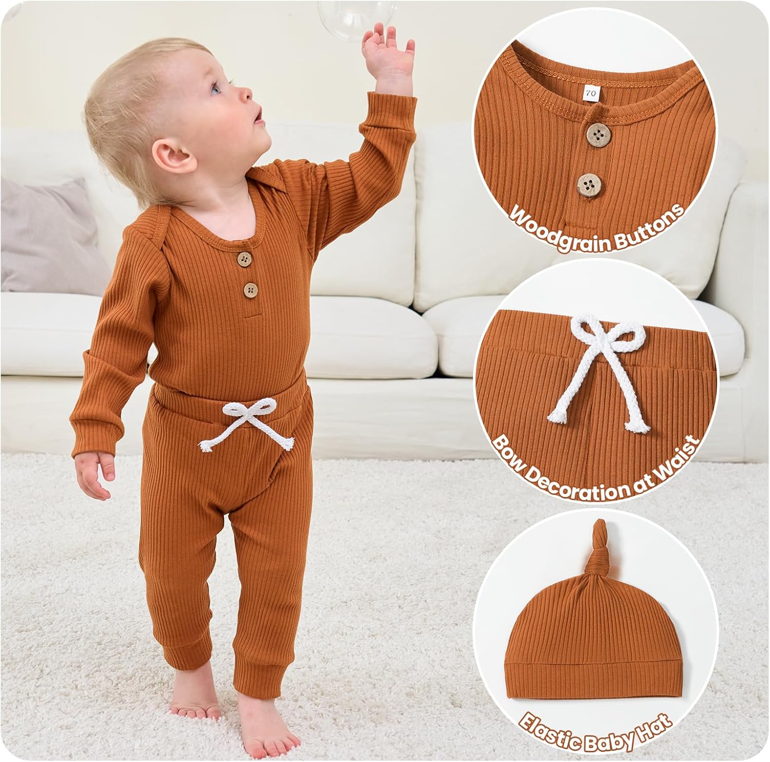 3PC Infant Baby Boys Romper Solid Ribbed Knitted Long Sleeve Long Pants and Hat Sets for Newborn Coming Home Outfit - Image 5