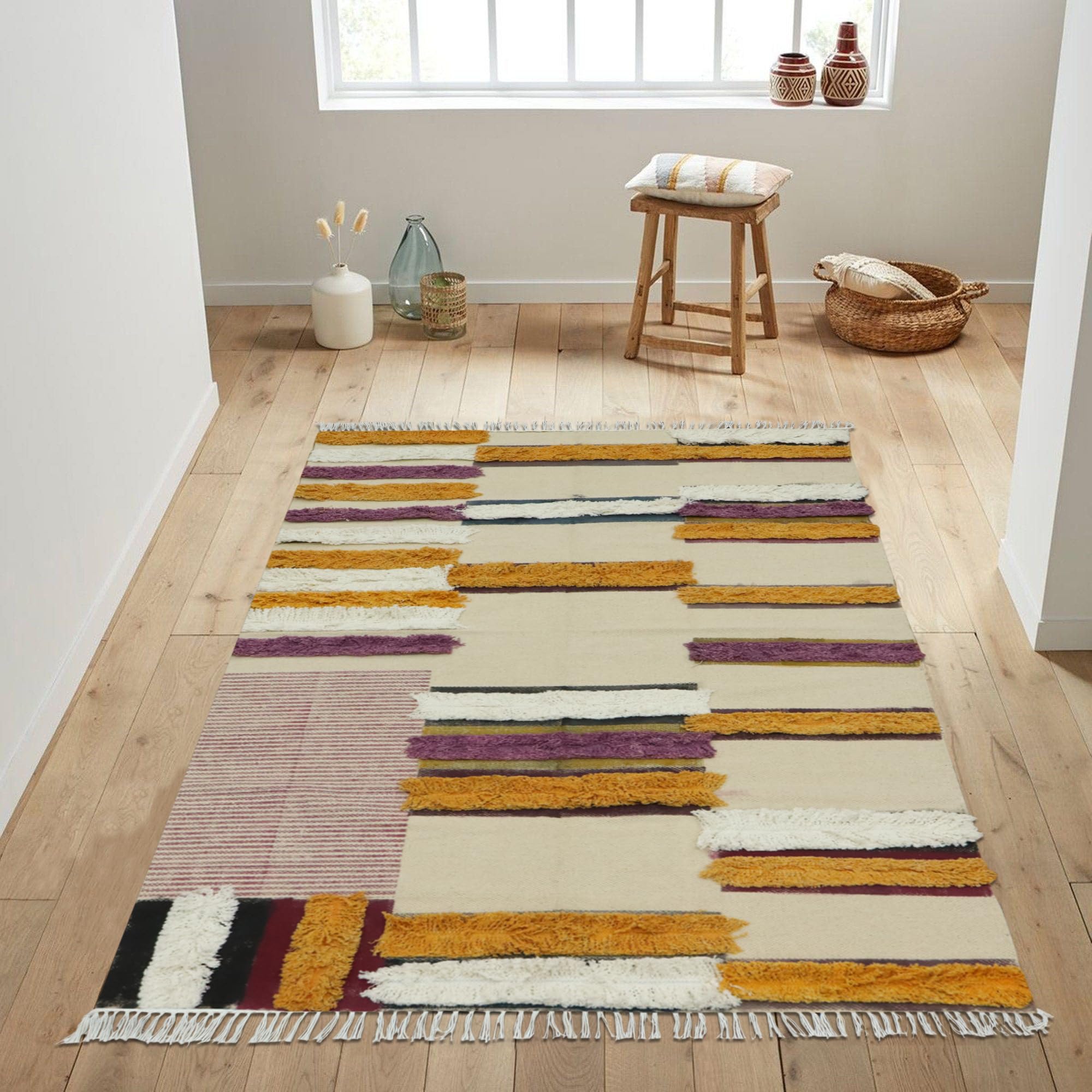 Kelim Teppich, 25,4 x 45,7 cm, für Wohnzimmer, Flachgewebe, Beige, mehrfarbig, Baumwollteppich, Stickerei, waschbar, Dhurrie, für drinnen und draußen, Boho, Rus für große Fläche, Esszimmer,