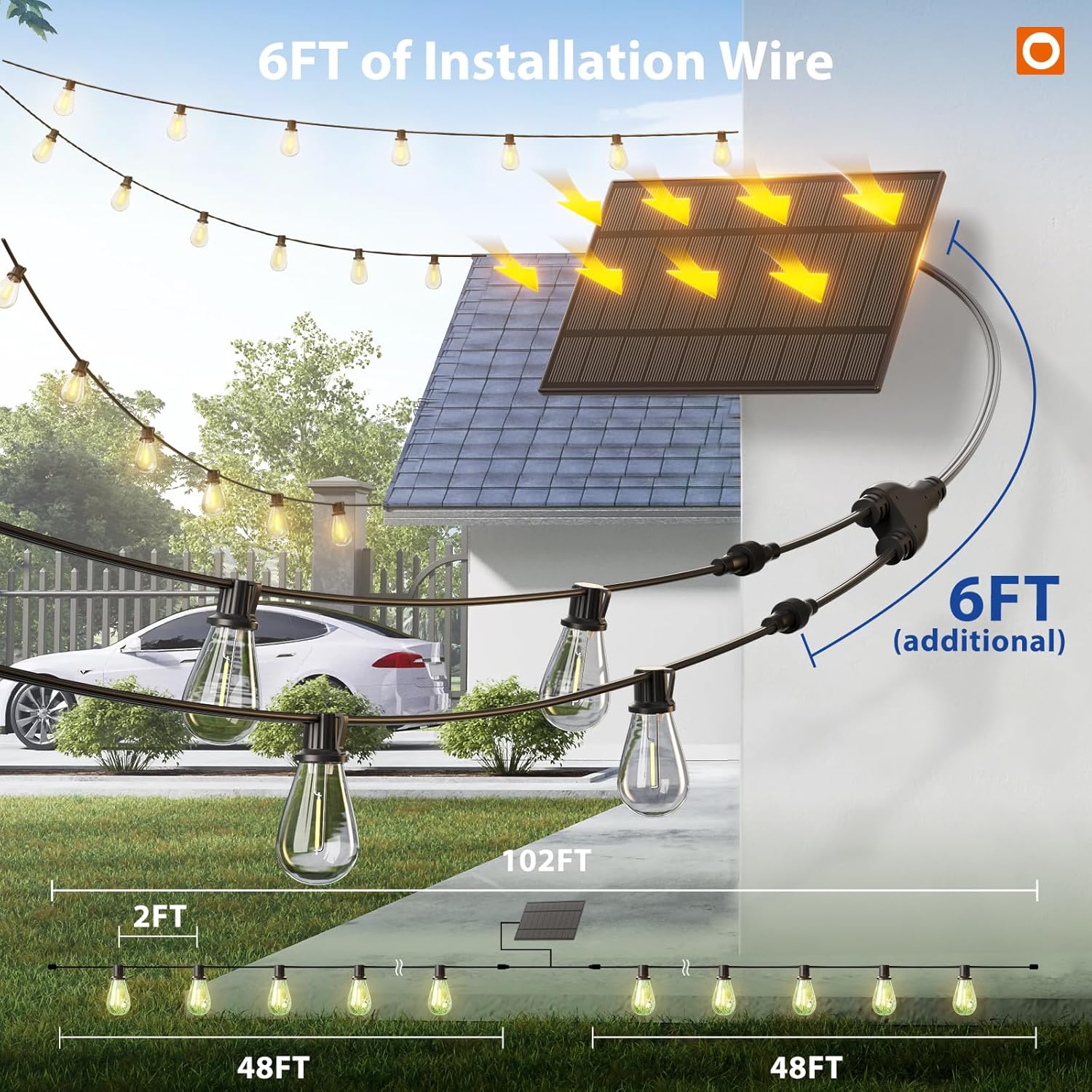 addlon 102FT(96FT+6) Solar String Lights Outdoor Waterproof with USB Port & Remote Control Solar Patio Lights for Outside Solar Powered with 52 LED Dimmable Bulbs for Porch Garden Deck Halloween
