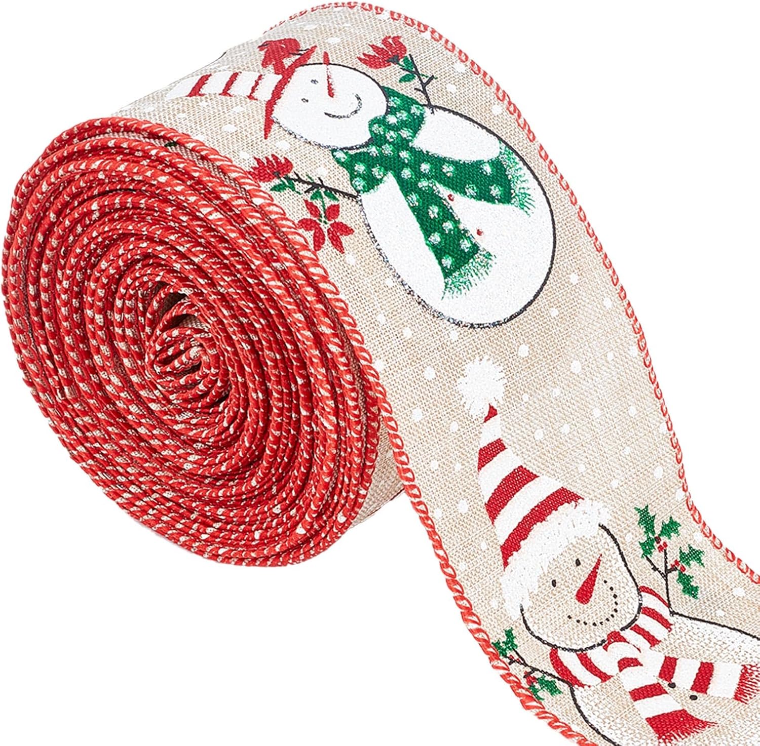 GORGECRAFT 9.9 Yards 2.5 Inch Christmas Wired Ribbon Printed Wrapping Ribbons Snowman Snowflake Embellishment Fabric Polyester Imitation Linen Edge Trim for Wreath Tree Decor Gift Bows DIY Craft