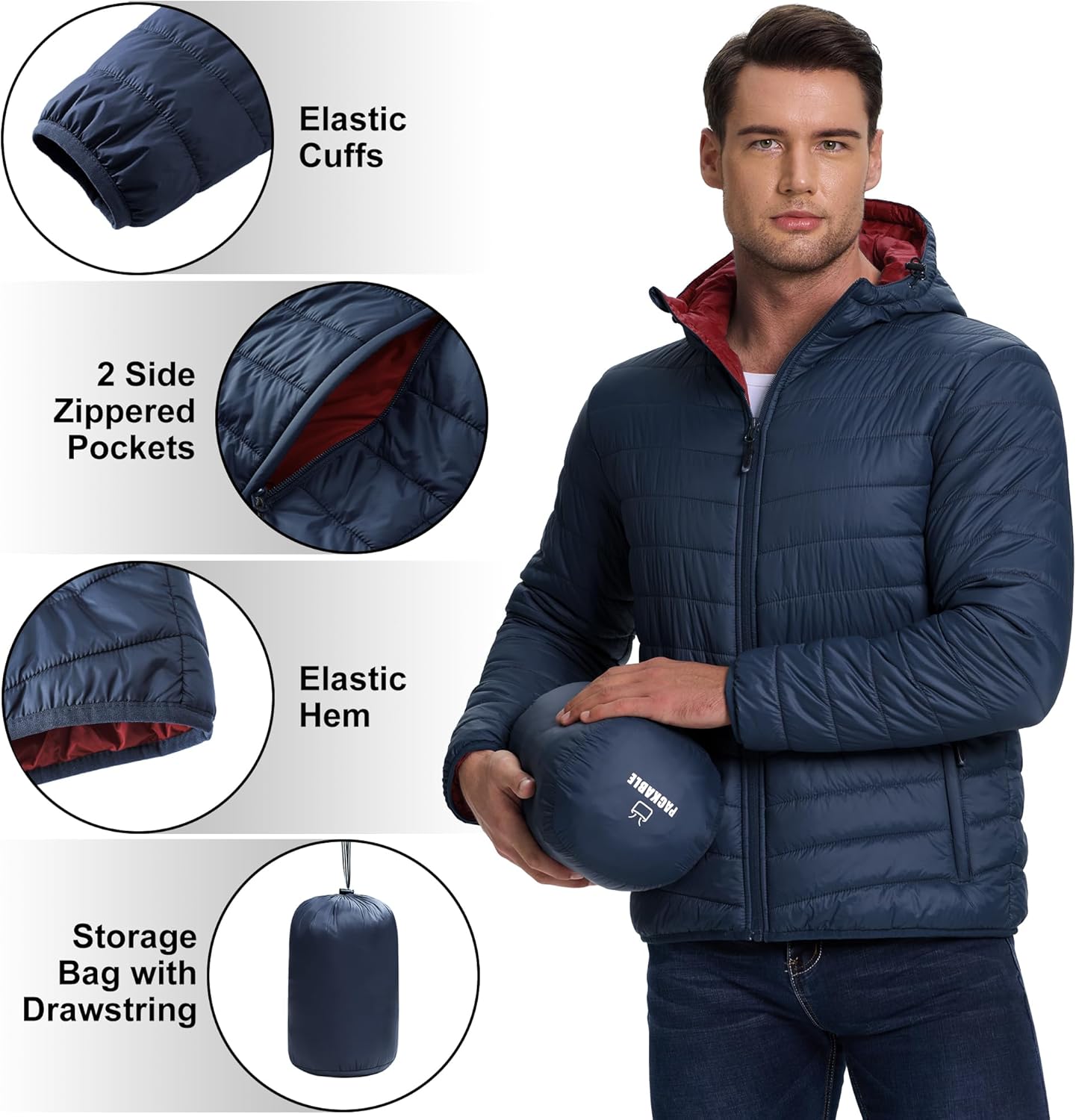 33,000ft Men's Lightweight Packable Insulated Puffer Winter Jacket with Hood, Water-Resistant Down Alternative Puffy Coat