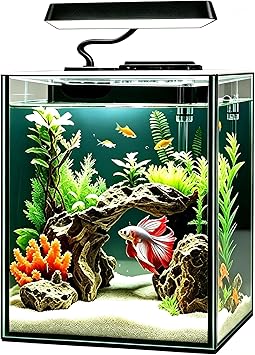 Glass Betta Aquarium Starter Kits 1.5 Gallon Small Fish Tank, Betta Fish Tank with LED Light, Power Filter, Black. 4mm Glass
