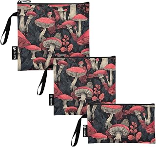 Reusable Sandwich and Snack Bags, Pink Mushroom Leaves Pattern for Adults or Lunch, Washable Fabric, Waterproof Cloth Zip Bag, Travel Pouch, Food-Safe Storage 3-pk
