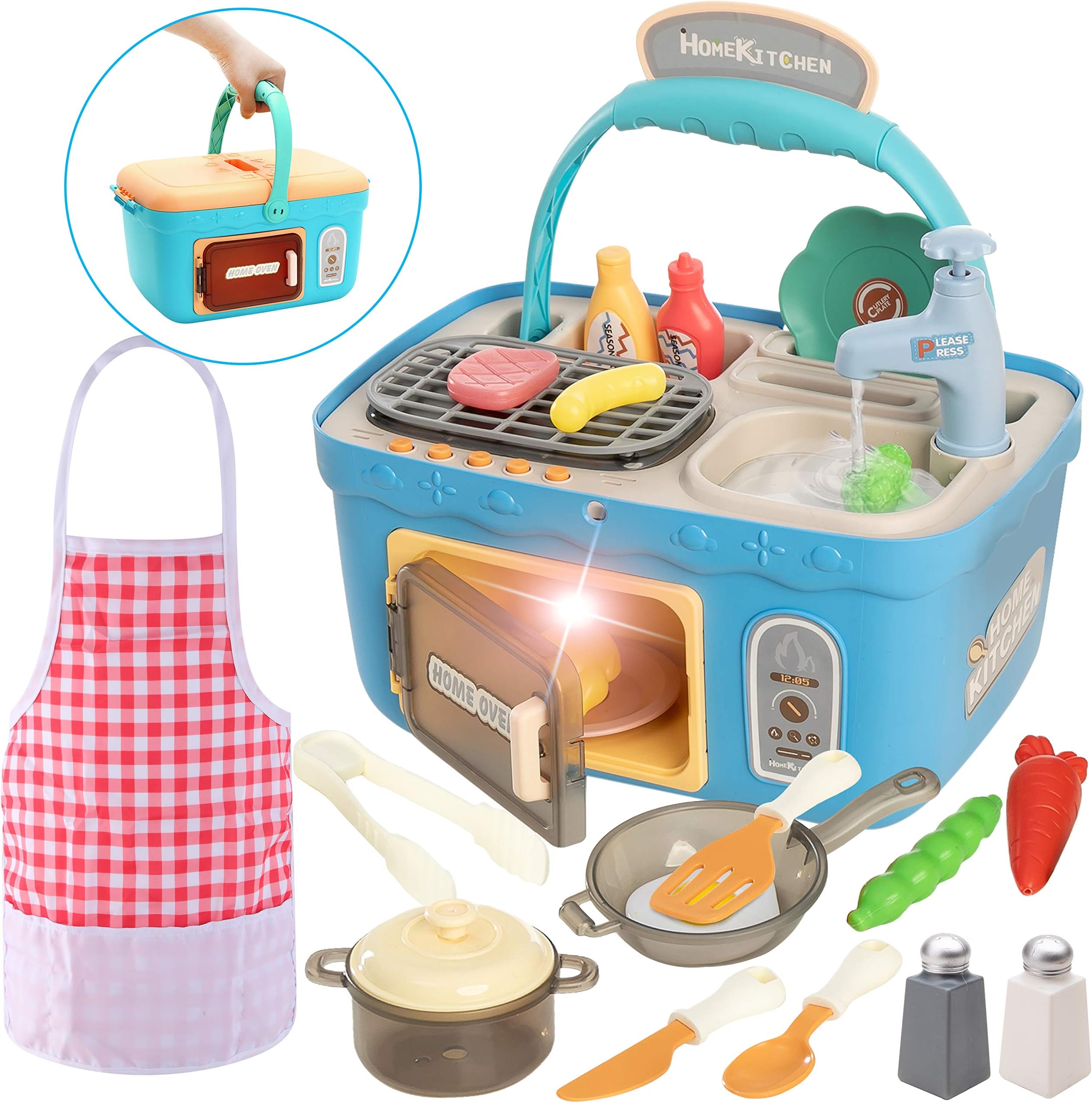 Kids Play Kitchen Picnic Playset, Portable Picnic Basket Toys with Musics & Lights, Color Changing Play Food, Kitchen Sink Toys and Pretend Play Oven,Kitchen Toy Sets Gift for Kids Boys Girls