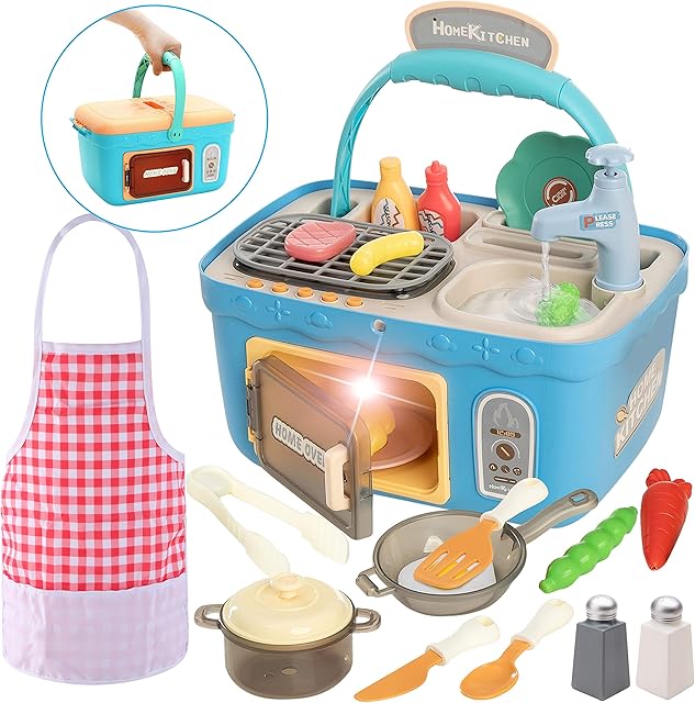 JOYIN Kids Play Kitchen Picnic Playset, Portable Picnic Basket Toys with Musics & Lights, Color Changing Play Food, Kitchen Sink Toys and Pretend Play Oven ,Kitchen Toy Sets Gift for Kids Boys Girls