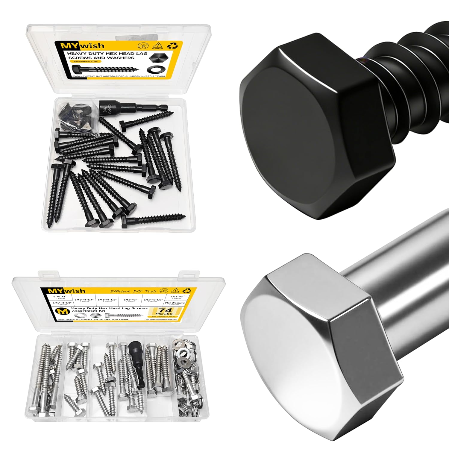 MYWISH (20Sets) 1/4" x 2" Hex Head Lag Bolts & Mywish 5/16 Hex Head Lag Screws Assortment Kit, 74Pcs Heavy Duty Lag Bolts with Washers, 304 Stainless Steel Bolts 18-8 7-Size Wood Screws for Outdoor