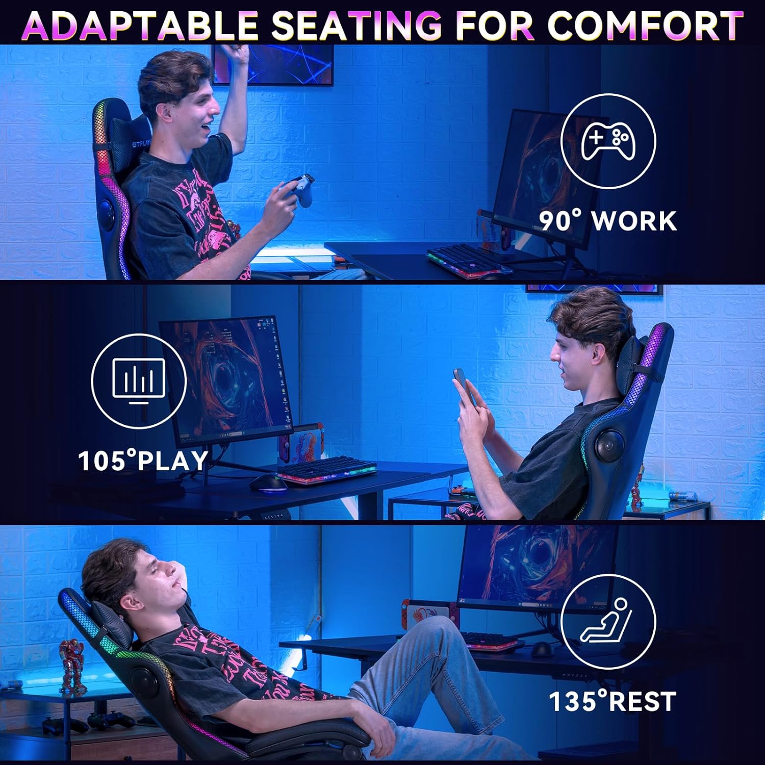 GTPLAYER RGB Gaming Chair with Speakers - LED Computer Game Chair for Adults, PC Home Office Chairs with Footrest & Lights, Reclining Desk Chairs, Dark Black