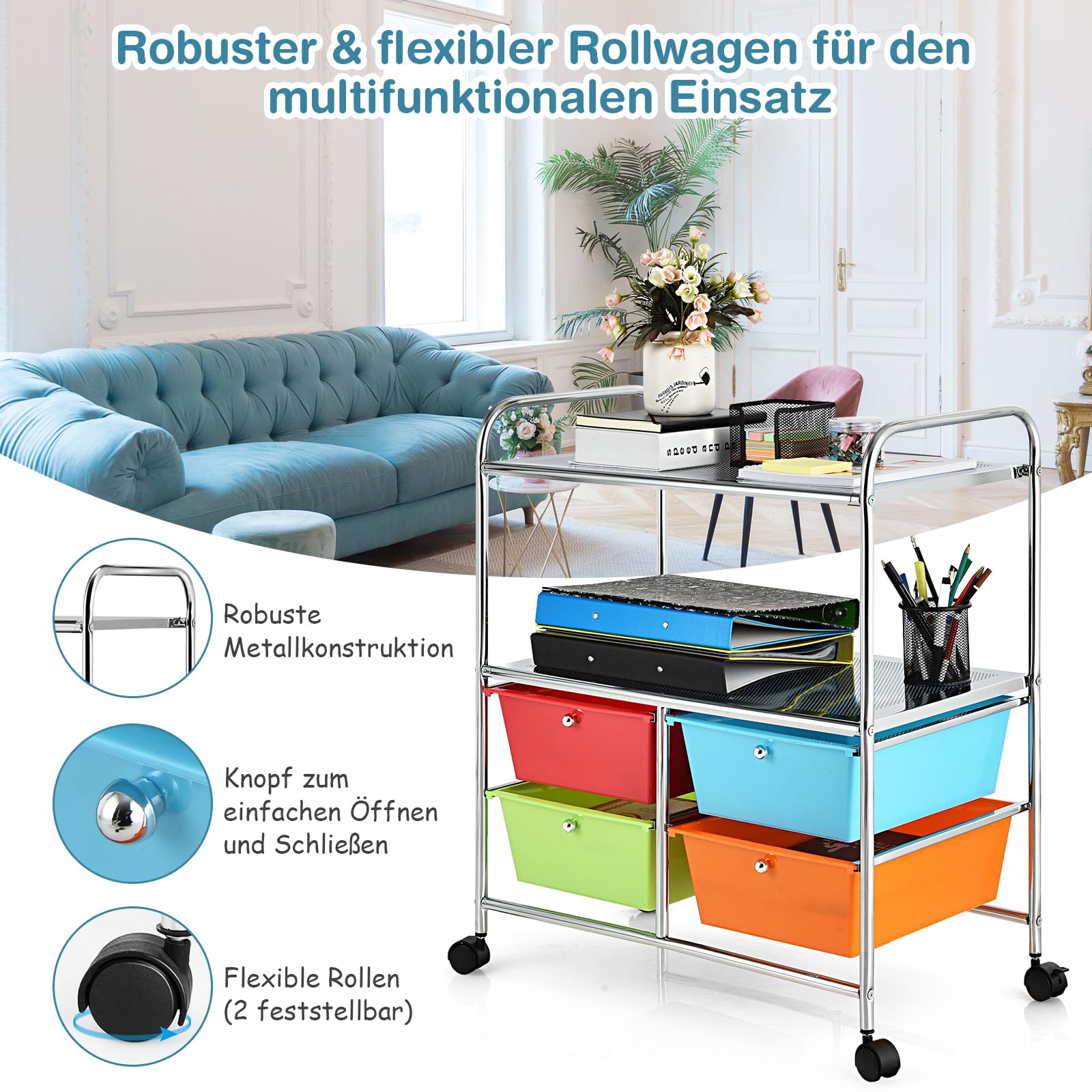 COSTWAY Rolwagen met 4 Stapelbare Lades, Laadwagen, Rolcontainer met