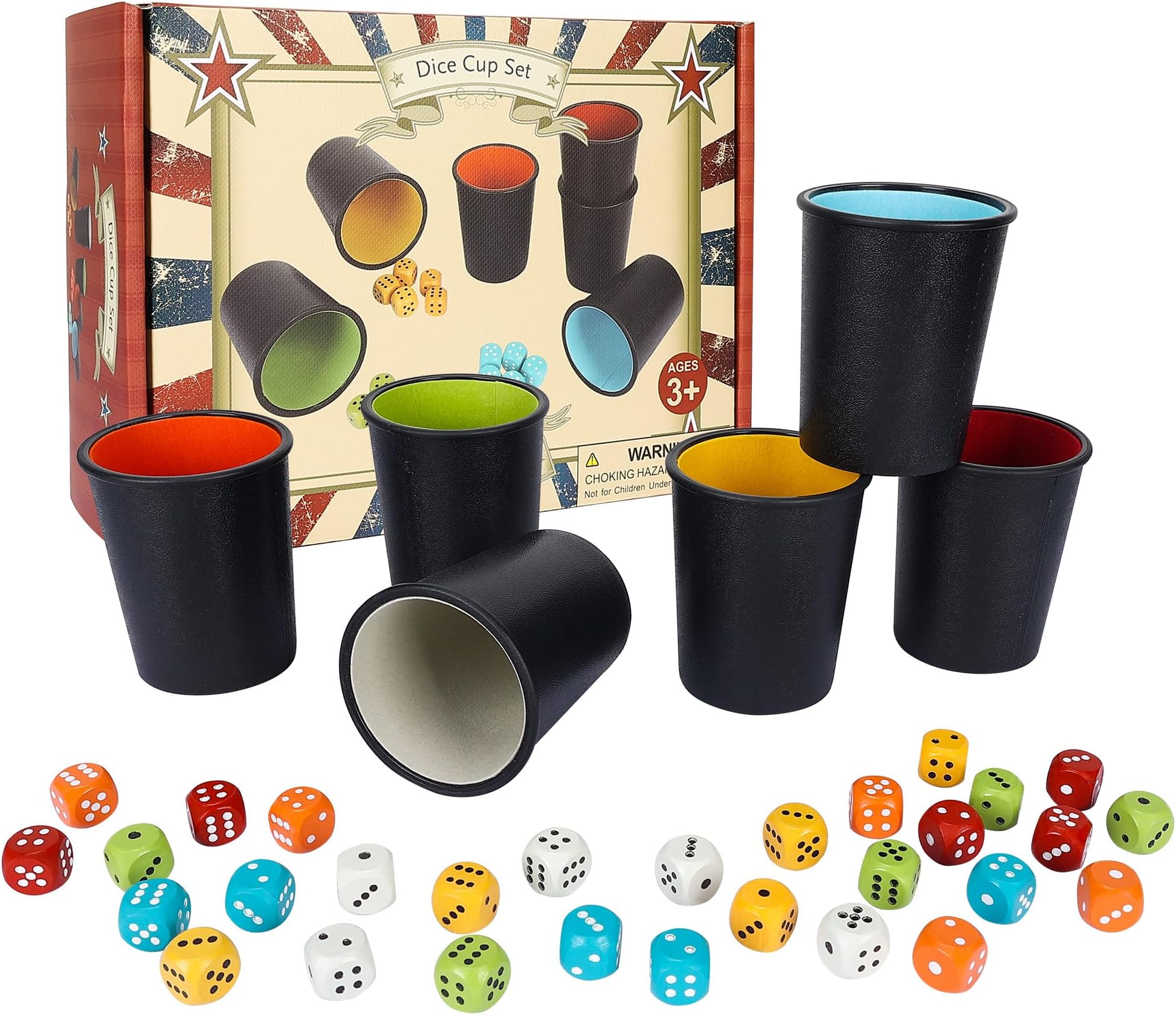 Offelec 6 Pack PU Leather Dice Cups Set with 30 Color Matched Dice, Felt Lined Quiet Shakers for Dice Games Like Bluffing Games, Perfect for Poker Nights & Bar Party Game