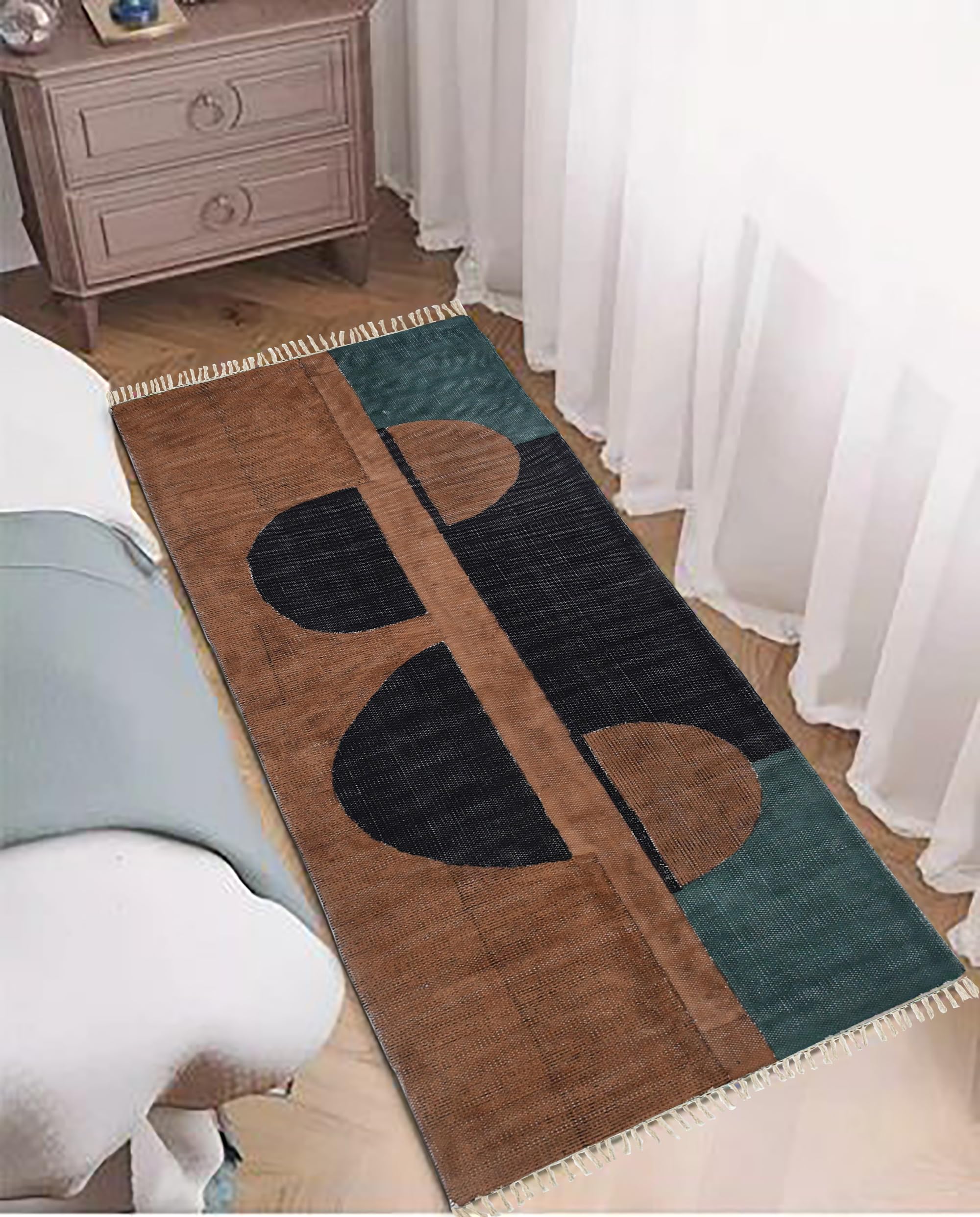 Area Rug Collection Baumwoll-Läufer, 122 x 30 cm, Schwarz und Braun, Halbmond-Designer-Baumwoll-Teppich für Schlafzimmer, Eingang, Haustür, Läufer für Bauernhaus, Küche, Waschküche