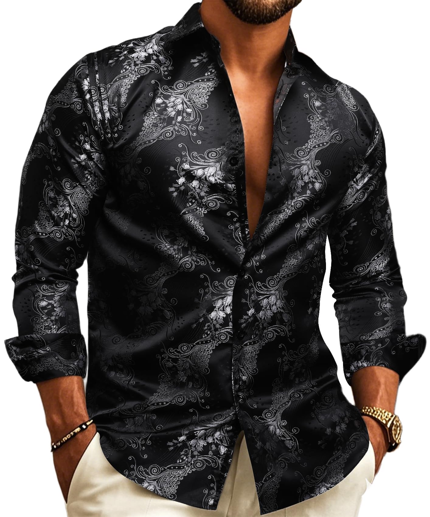 Barry.Wang Mens Western Shirts Silk Paisley Long Sleeve Button Down Dress Shirt Designer Mexico Cowboy Shirt Party Casual