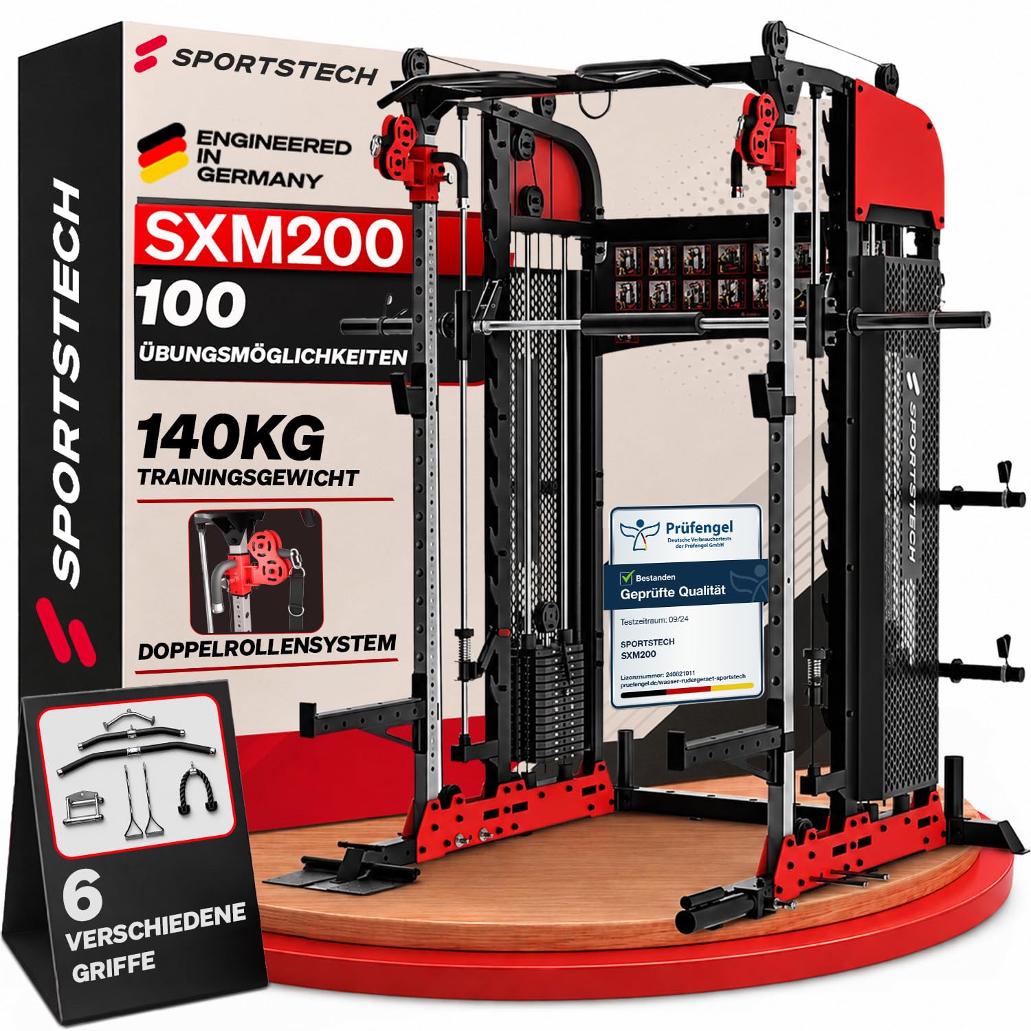 Sportstech SXM200 Smith Machine für Zuhause, Power Rack mit Kabelzug, Klimmzug, Langhantelstange, Bench Press, Multipresse, 140kg Trainingsgewicht, Kraftstation inkl. Griffe, Multifunktional, Home Gym